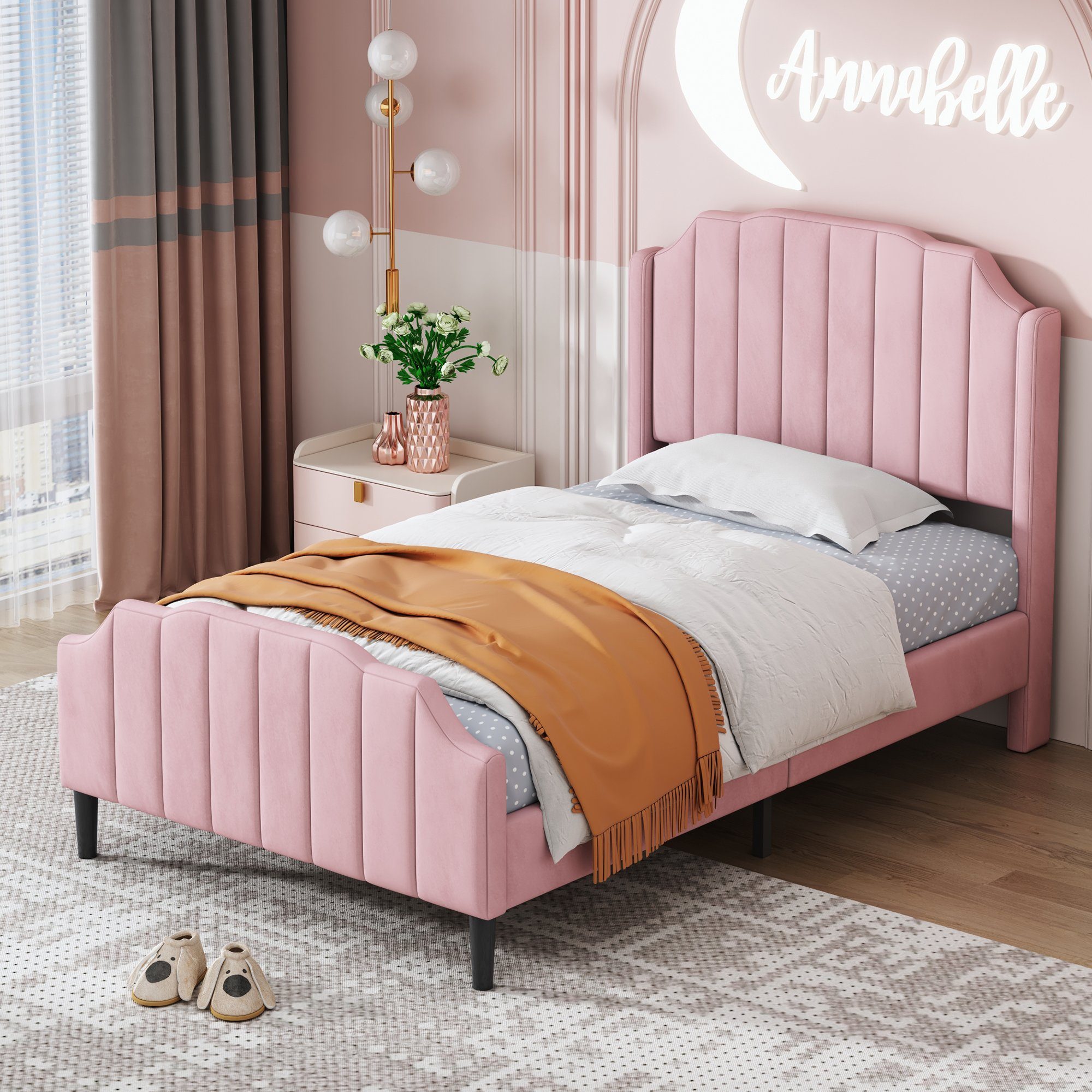 Polsterbett (Einzelbett 90 x 200 cm mit Kopfteil und Lattenrost), Jugendbett mit Gepolstertes Kopfteil, Bezug aus Samt