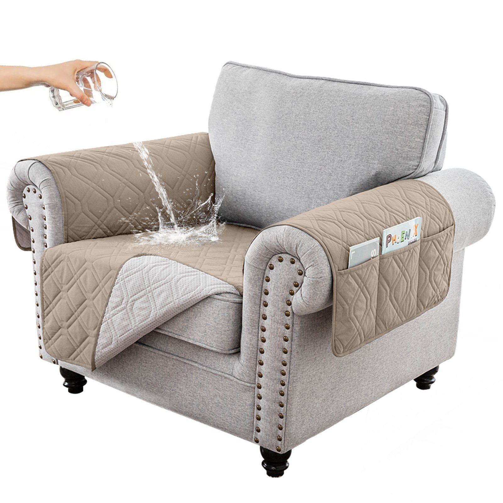 Rosnek Sofahusse Gesteppt, 100% wasserdicht, Anti-Rutsch, für Arm Sofa Haustiermatte, mit Seitentasche
