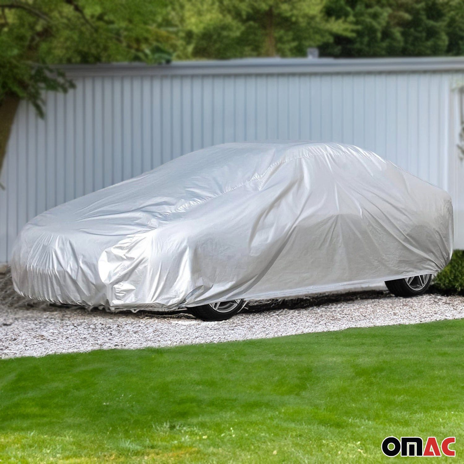 OMAC Car Sunshade, Car Cover, Full Garage, Universal Car Cover, Grey, 460x165x119, 35 x 10 cm, Portable, Elastic Hem, Waterproof, Foldable, UV Resistant