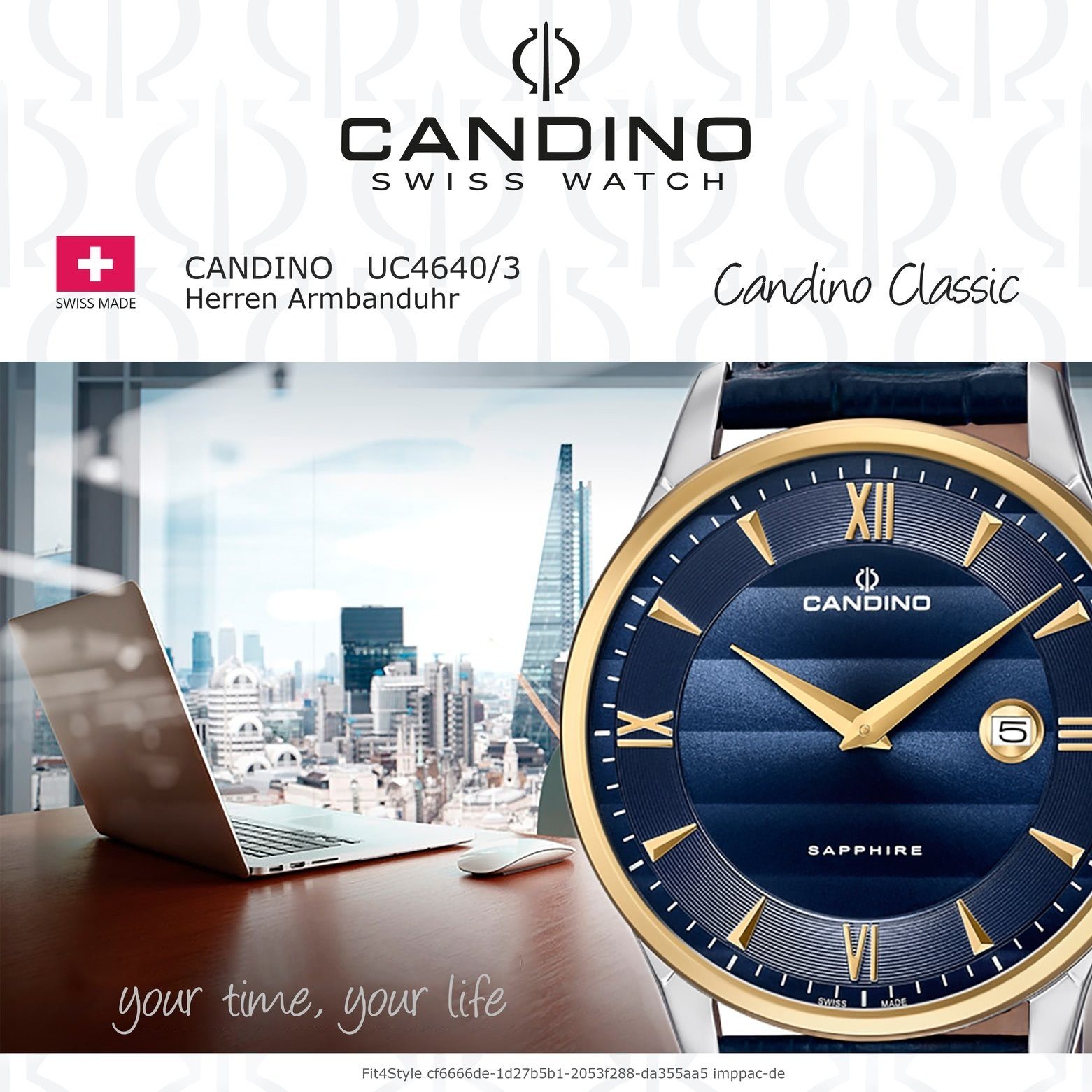 Herren rund, Lederarmband Candino blau, C4640/3, Armbanduhr Quarzuhr Elegant Candino Analog Quarzuhr Herren