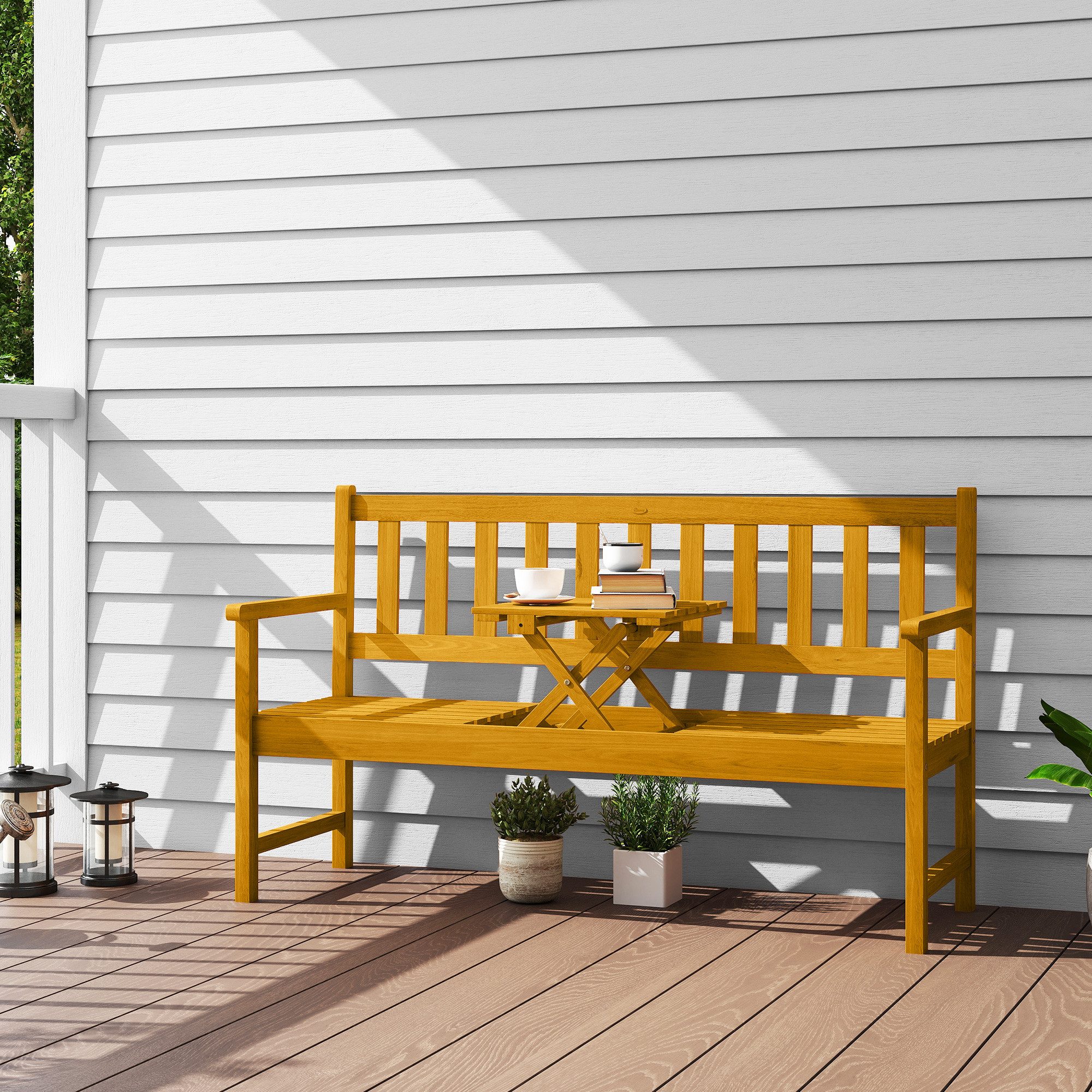 Outsunny Bank mit Rücken- & Armlehnen, Klappbarer Tisch (2-Sitzer Gartenbank aus Holz, 1-St., wetterfest Sitzbank), 160kg belastbar, für Balkon, Garten, 149x56,5x89cm, Teak