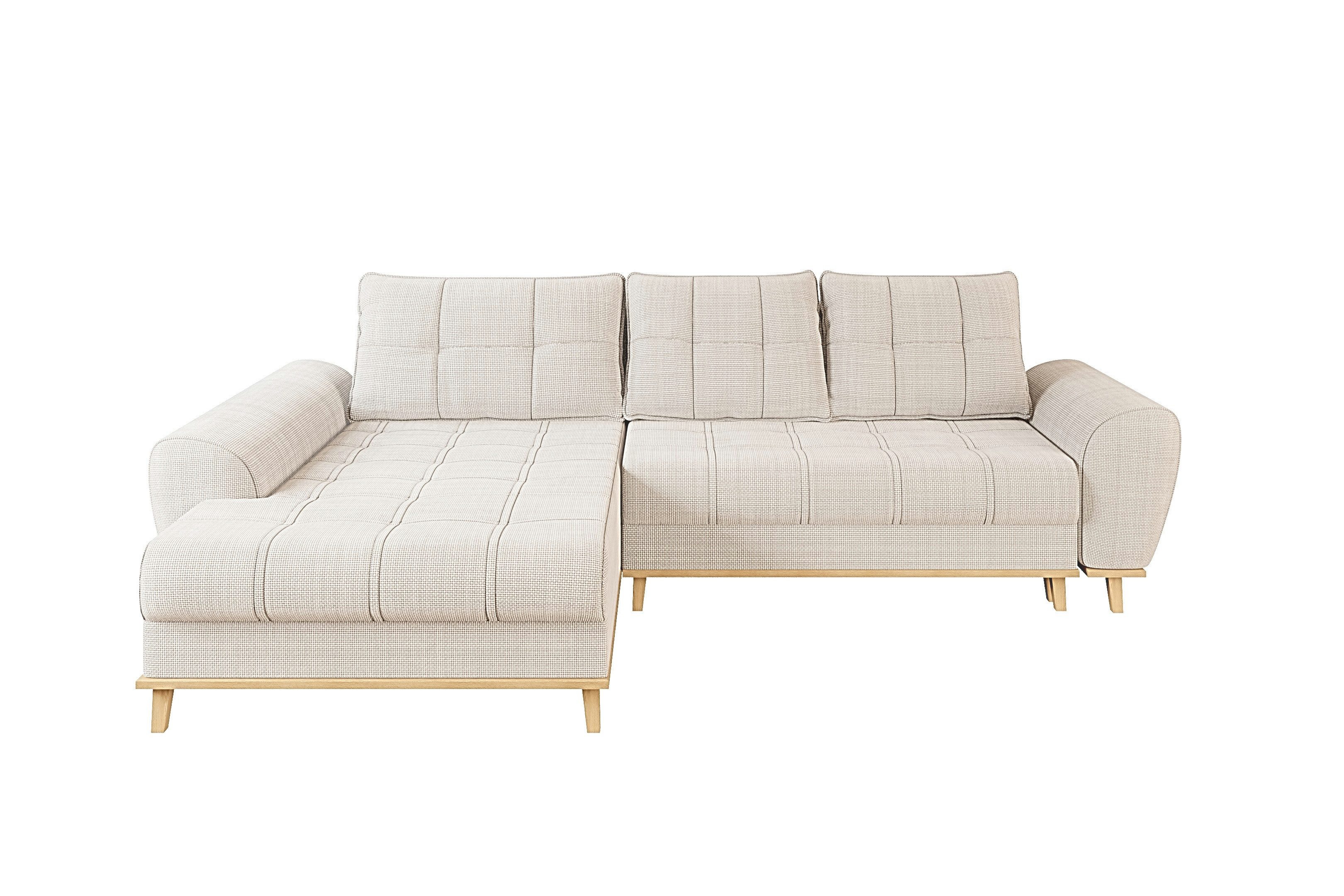 luma-home Ecksofa 21014, im Scandi-Stil mit Schlaffunktion und Bettkasten, Wellenunterfederung, B268/T175/H86 cm, Ottomane links, weicher Bouclé Chenille Stoff in Beige