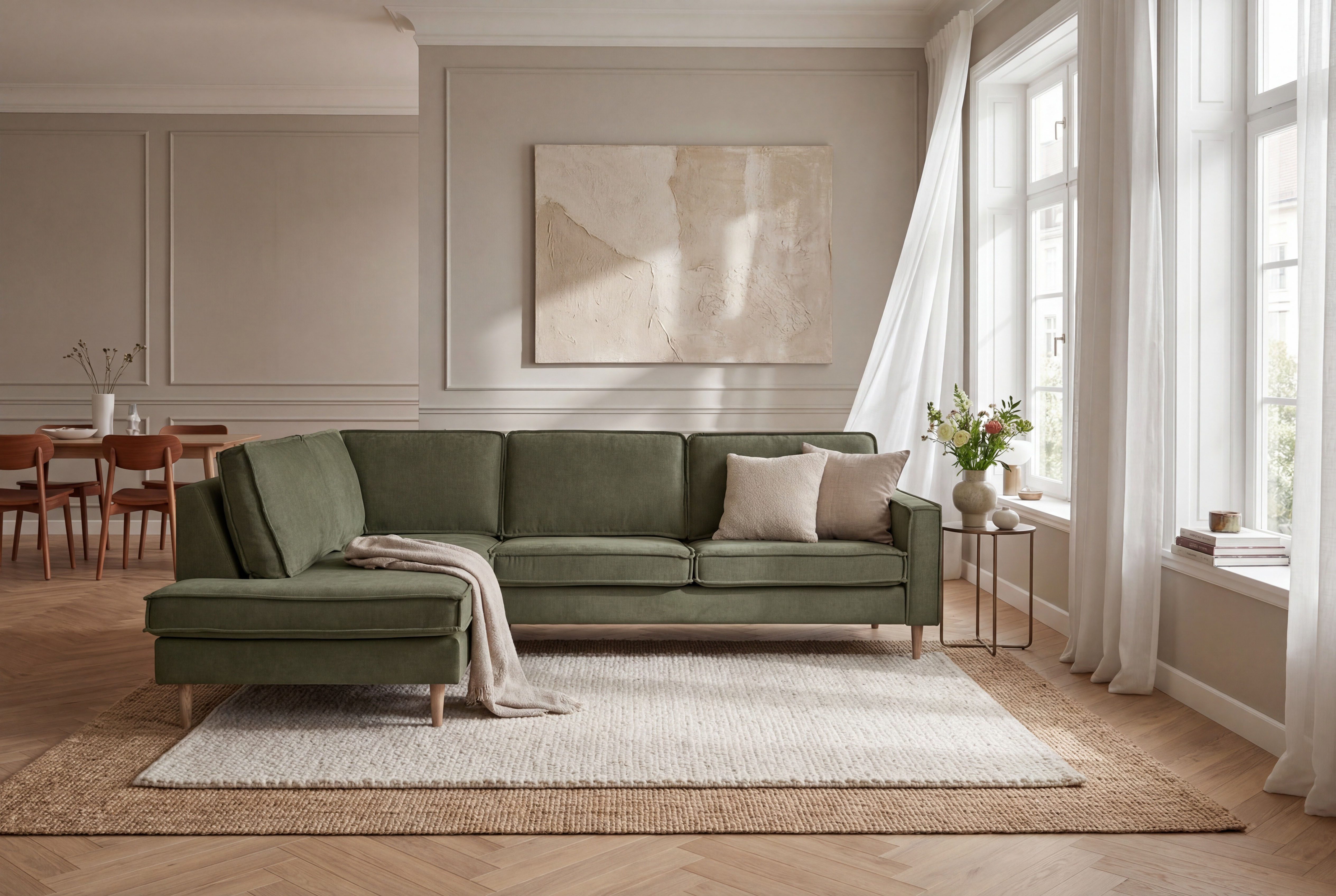 OTTO home Ecksofa Pinto Skandi, 290 cm, Chenille, Struktur, Ottomane links / rechts, mit Keder, Massivholzfüße Eiche geräuchert, Wellenunterfederung
