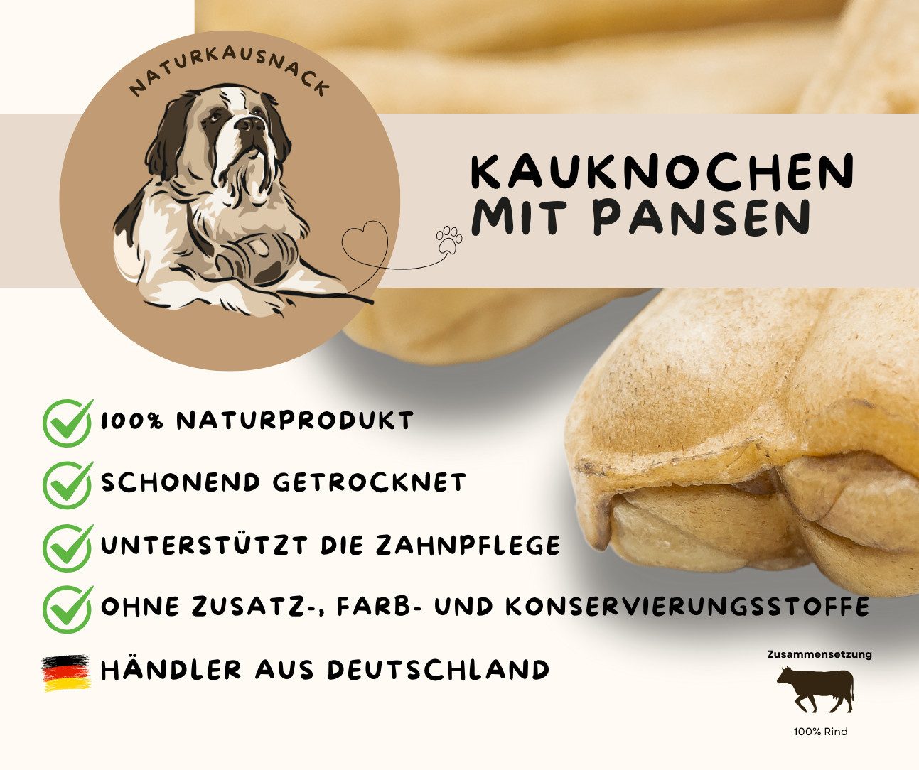 Warnick´s Tierfutterservice Kauknochen mit Pansen 12cm - gefüllte Hundeknochen, Leckerli für: Hunde