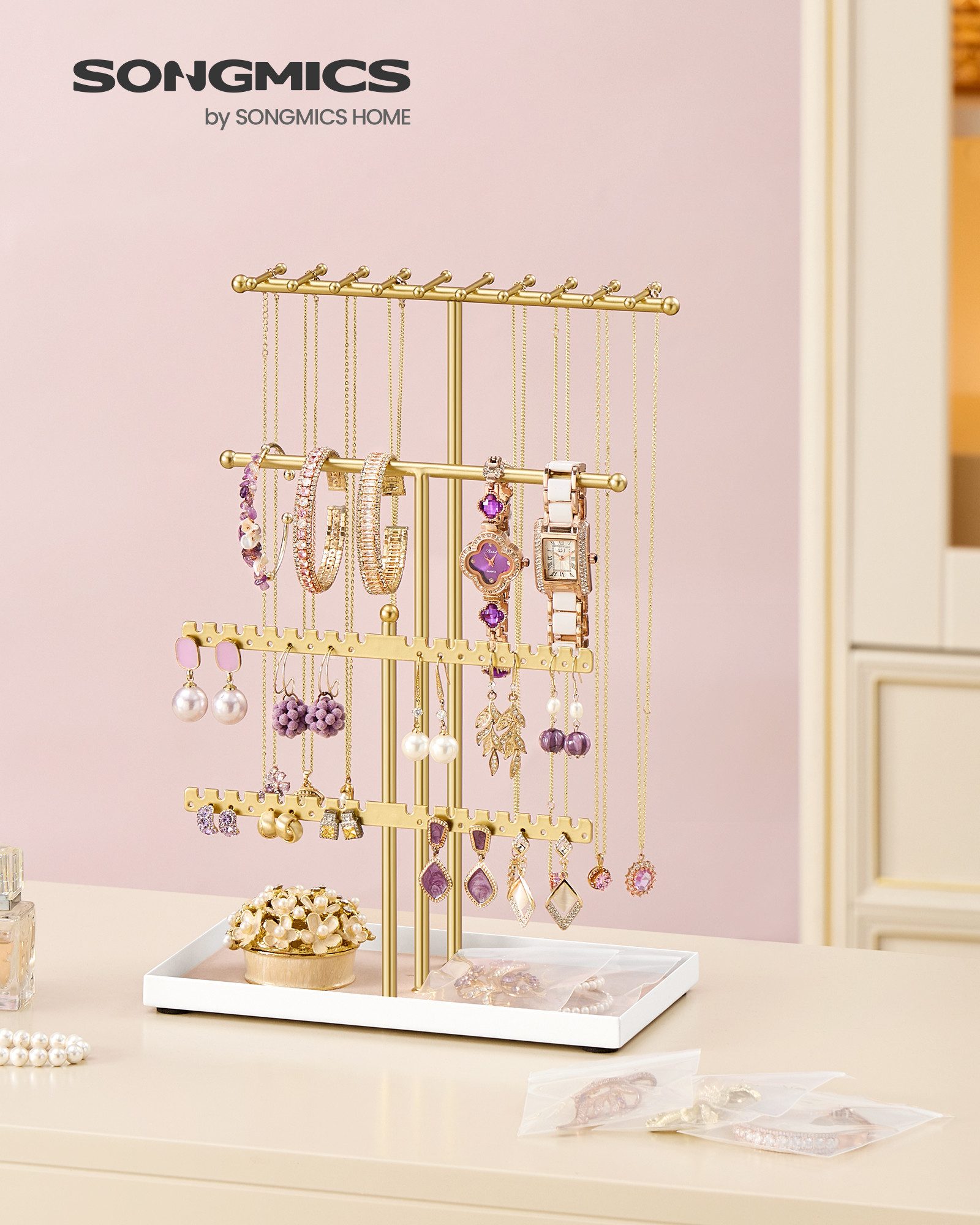 SONGMICS Schmuckständer Schmuckhalter, Metallrahmen, Geschenkidee, Schmucktablett Samt, Schmuckaufbewahrung für Halsketten Armbänder Ohrringe Ohrstecker Ringe