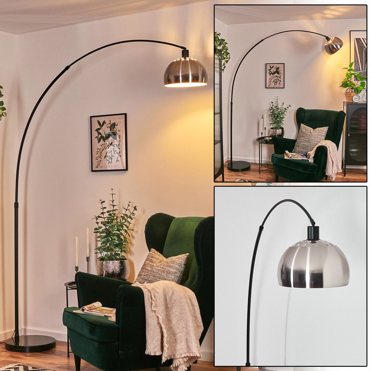 Bogenlampe Stehlampe aus Metall in Schwarz/Nickel-matt/Weiß im Vintage-Design