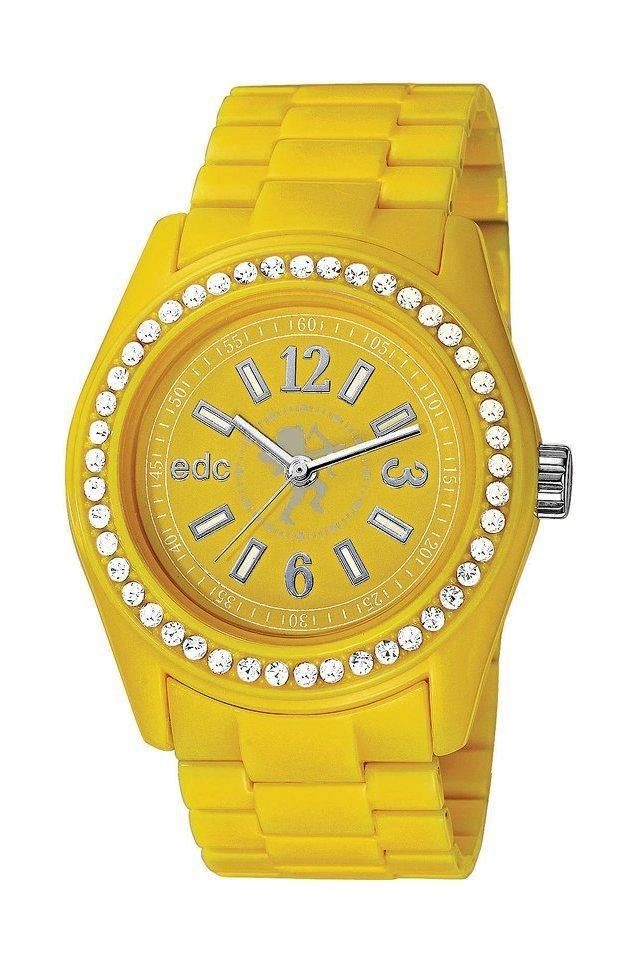 edc by Esprit Quarzuhr Disco Glam Yellow with Stones EE900172004, aus Kunststoff, Edelstahlboden, Gelb, Zirkonia, Faltschließe