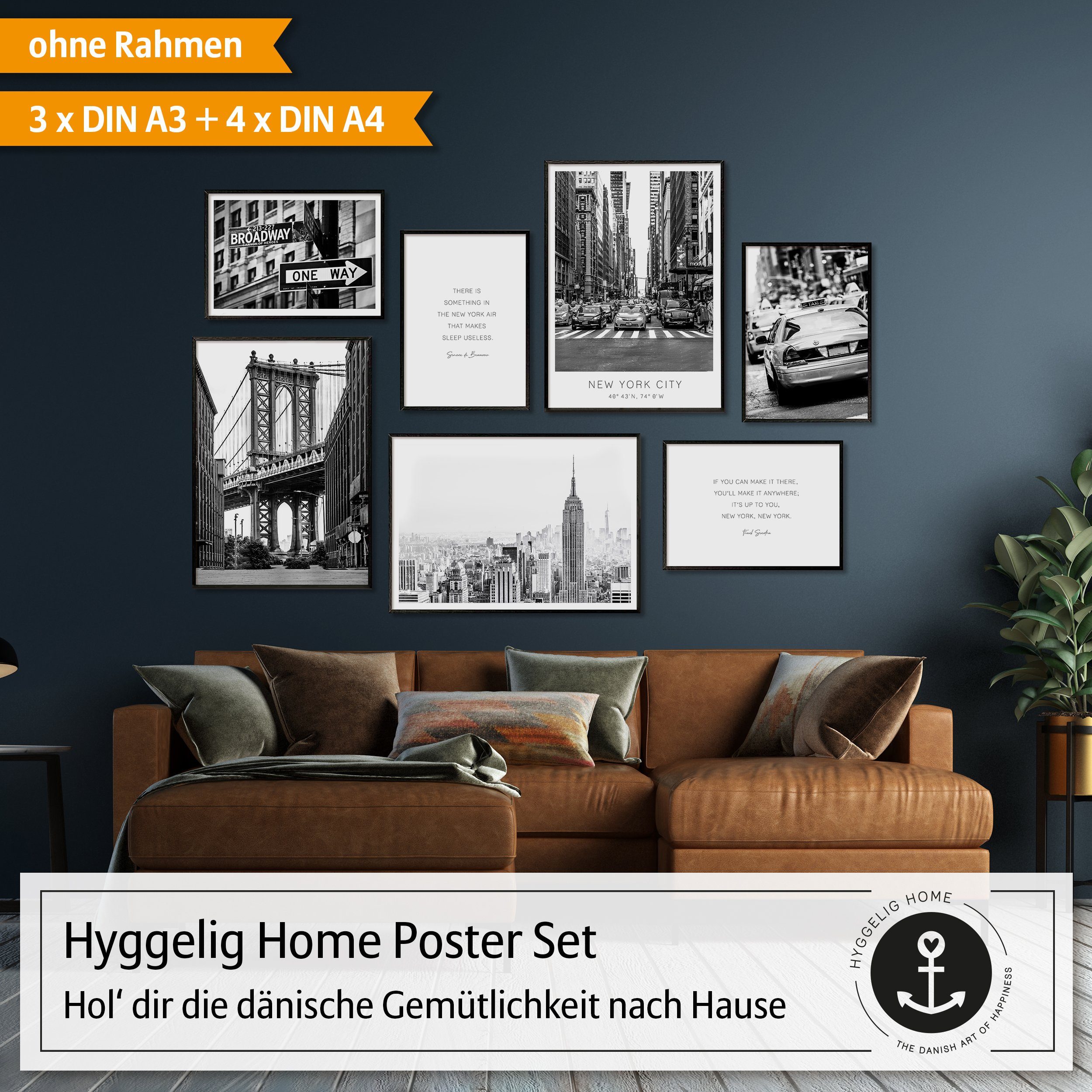 Hyggelig Home Poster New York, Premium Poster Set OHNE & MIT Rahmen - Wandbild schwarz weiß, Stadt (Set, 7 St), Collage Broadway, Qualitätsdruck dickes Papier – Bild 5 von 5