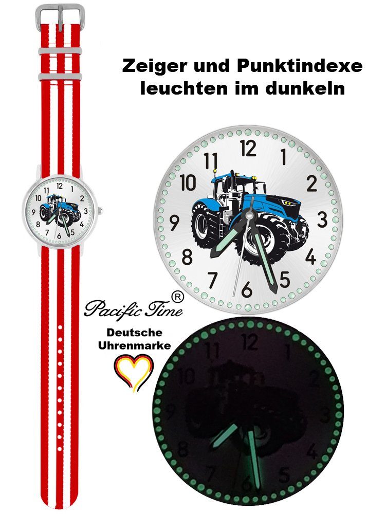Pacific Time Quarzuhr Kinder Armbanduhr Match Design Wechselarmband, weiß blau rot Traktor Gratis und Mix - gestreift Versand