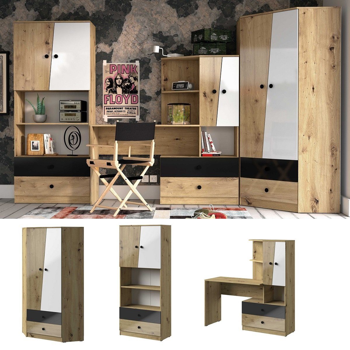 komplett Set Eckschrank Jugendzimmer-Set TraumMöbel Jugendzimmer Schwarz Hochglanz - QMM Neo Regal A