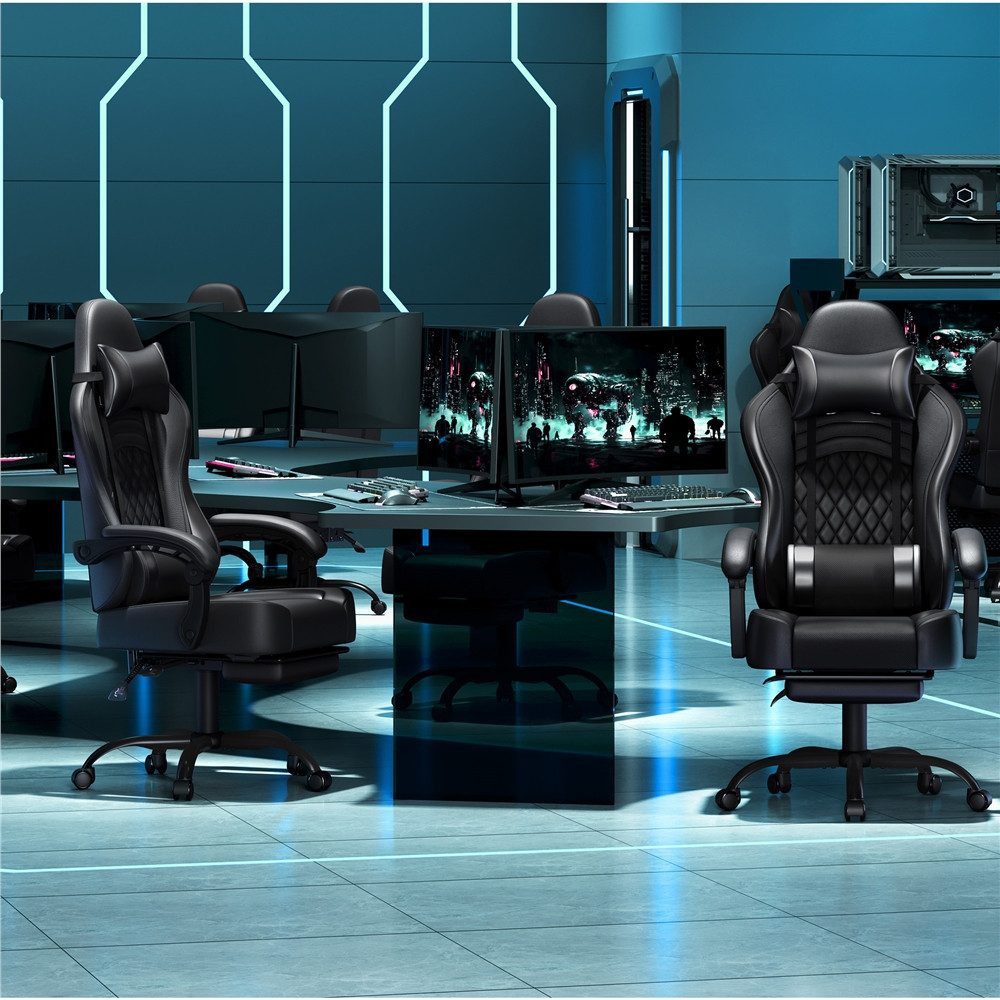 Yaheetech Gaming-Stuhl mit Massagefunktion & Kopfstütze & Fußstütze Ergonomischer PC-Stuhl, höhenverstellbarer Drehstuhl Computerstuhl Verstellbare Rückenlehne