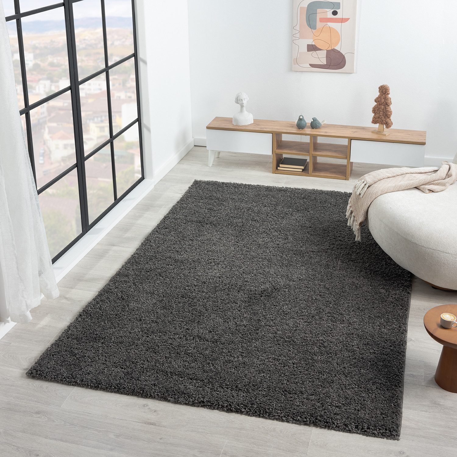 Vimoda Hochflor-Läufer Shaggy Teppich Anthrazit, Rund, günstig online kaufen