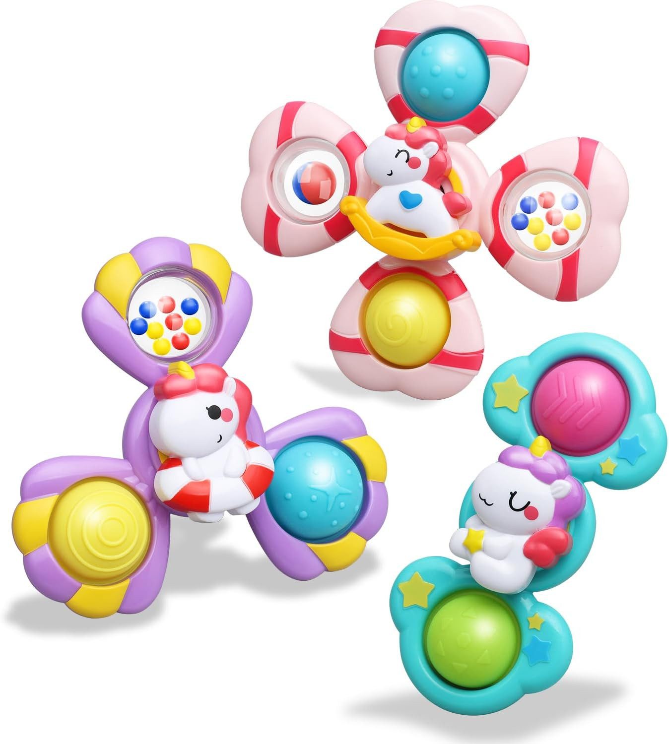 POPOLIC Badespielzeug Saugnapf Spielzeug Baby - Einhorn Spinner Baby ab 3 Monat (3-tlg), Badewannenspielzeug mit Rotierende Glocke Sensorik