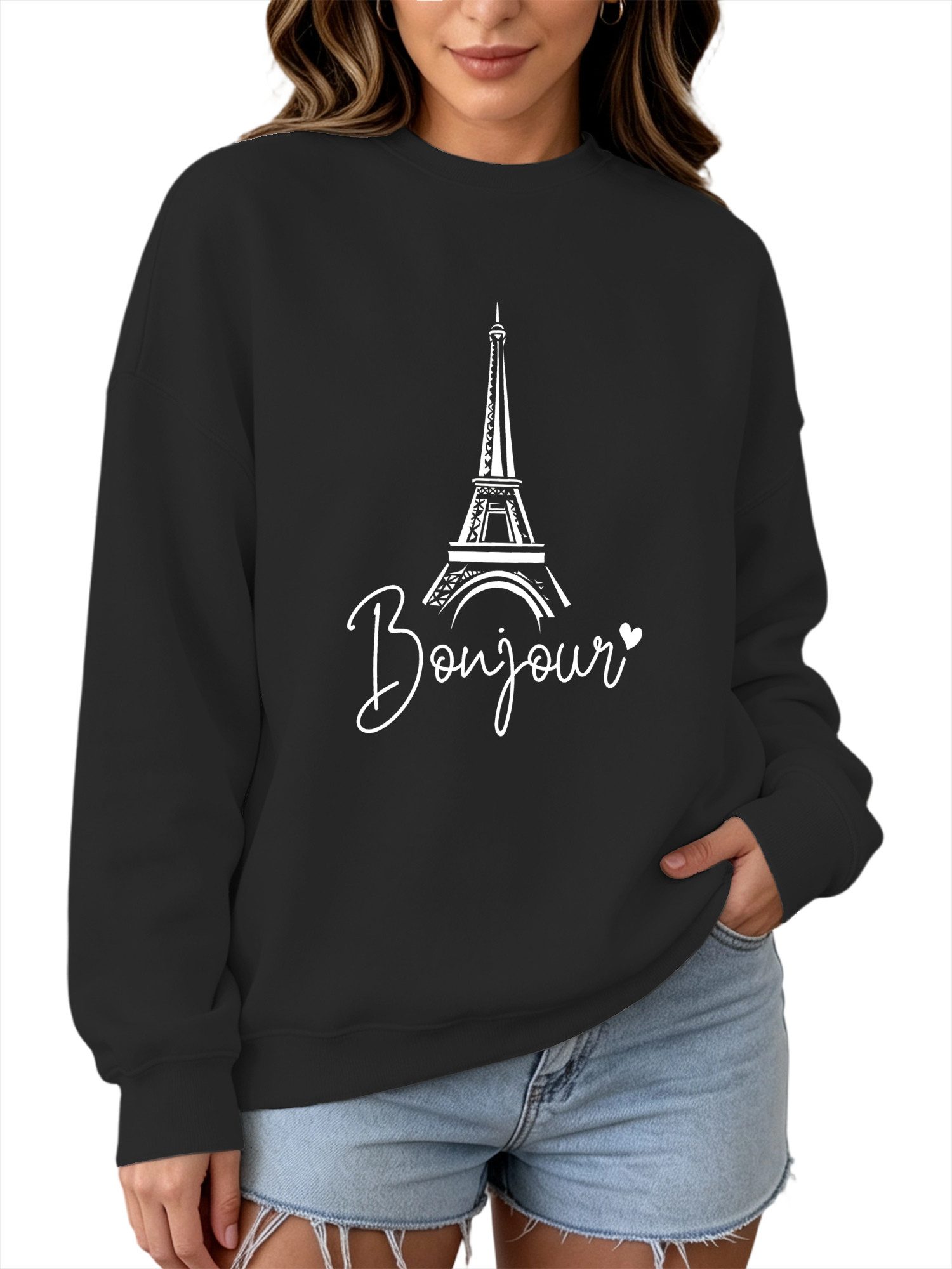 PYLIKE Fleecepullover Damen Pullover mit Eiffelturm Print, loose Rundhalspullover Bequem für Herbst & Winter