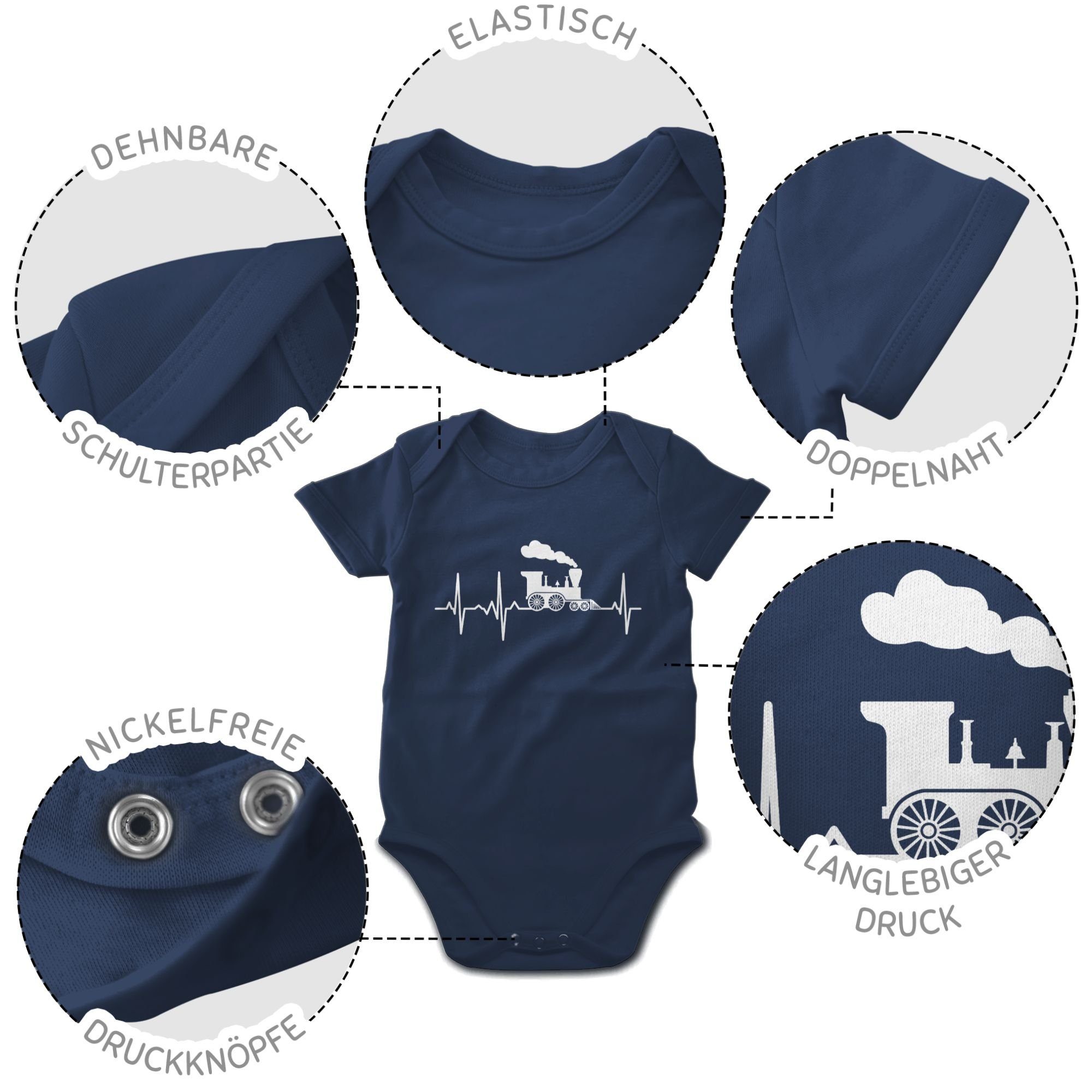 Shirtracer Shirtbody Navy Blau Baby Herzschlag weiß 1 Traktor Co. Dampflok Bagger und
