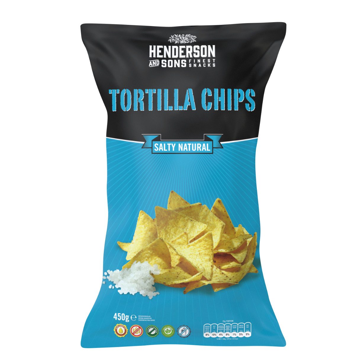 HENDERSON & SONS Knabberei, Henderson and Sons Salty Natural Tortilla Chips glutenfrei 450g