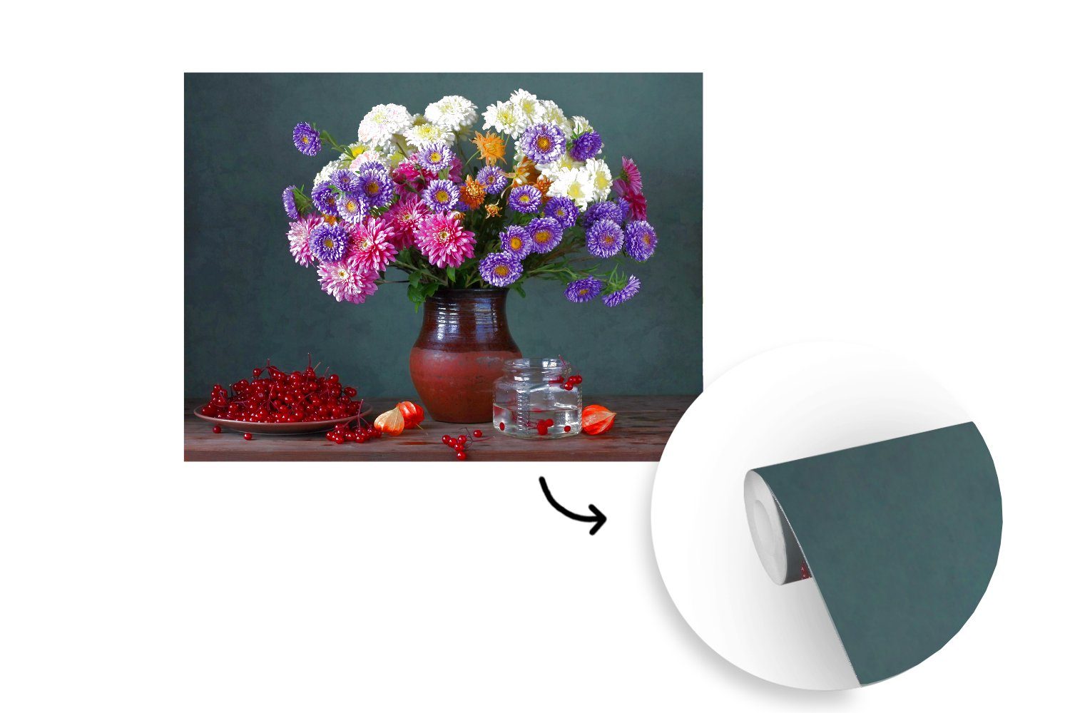 Fototapete - für Wandtapete Montagefertig Wohnzimmer, (5 Chrysanthemen MuchoWow St), Vinyl Tapete Matt, bedruckt, Stilleben, Farben -