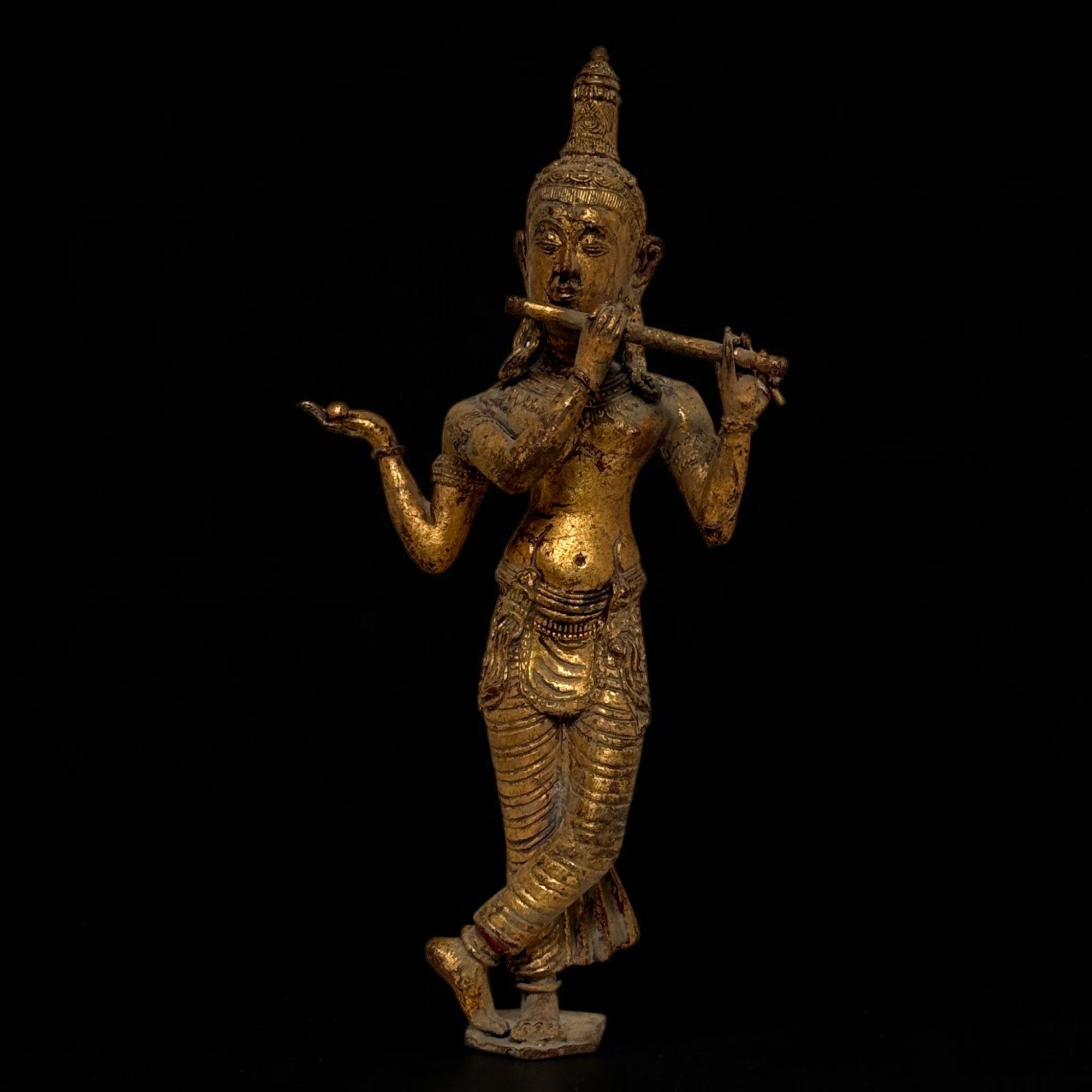 Asien LifeStyle Buddhafigur Krishna Figur Bronze Thailand Flötenspieler Statue 31 cm Vergoldung