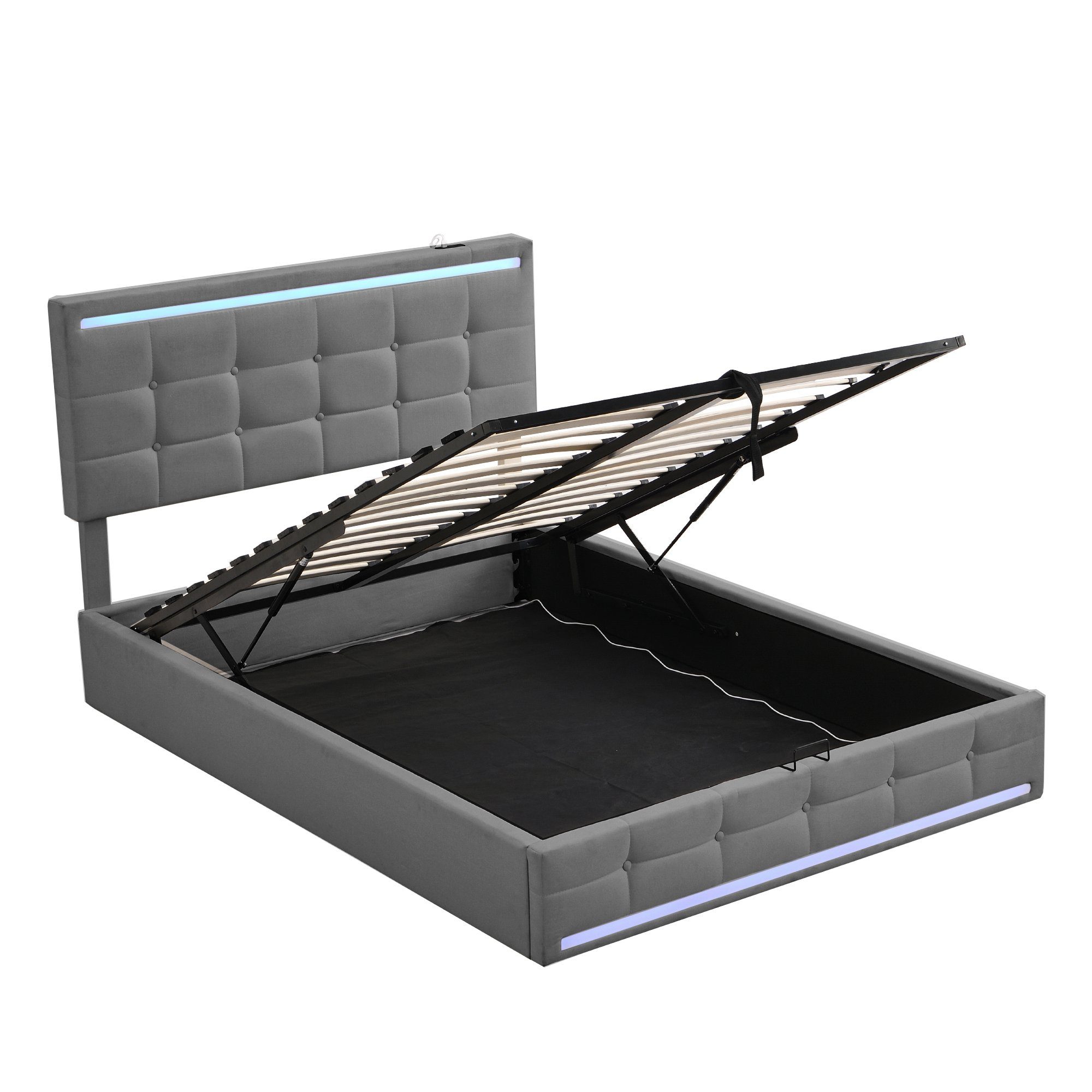 Polsterbett (Hydraulisches Bett mit Bettkasten, Lattenrost und 2 USB-Anschluss), Stauraumbett Funktionsbett 140x200 cm mit LED Beleuchtung, Leinen