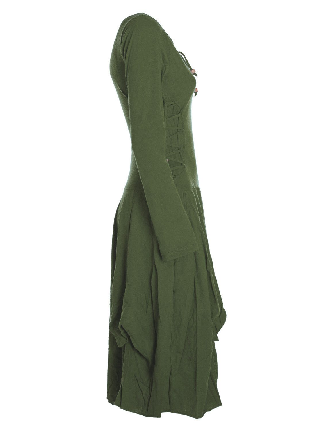 Vishes Midikleid Langes Langarm Bio Ballonkleid einfarbig mit Schnürung V-Ausschnitt Hippie, Elfen, Festag, Style