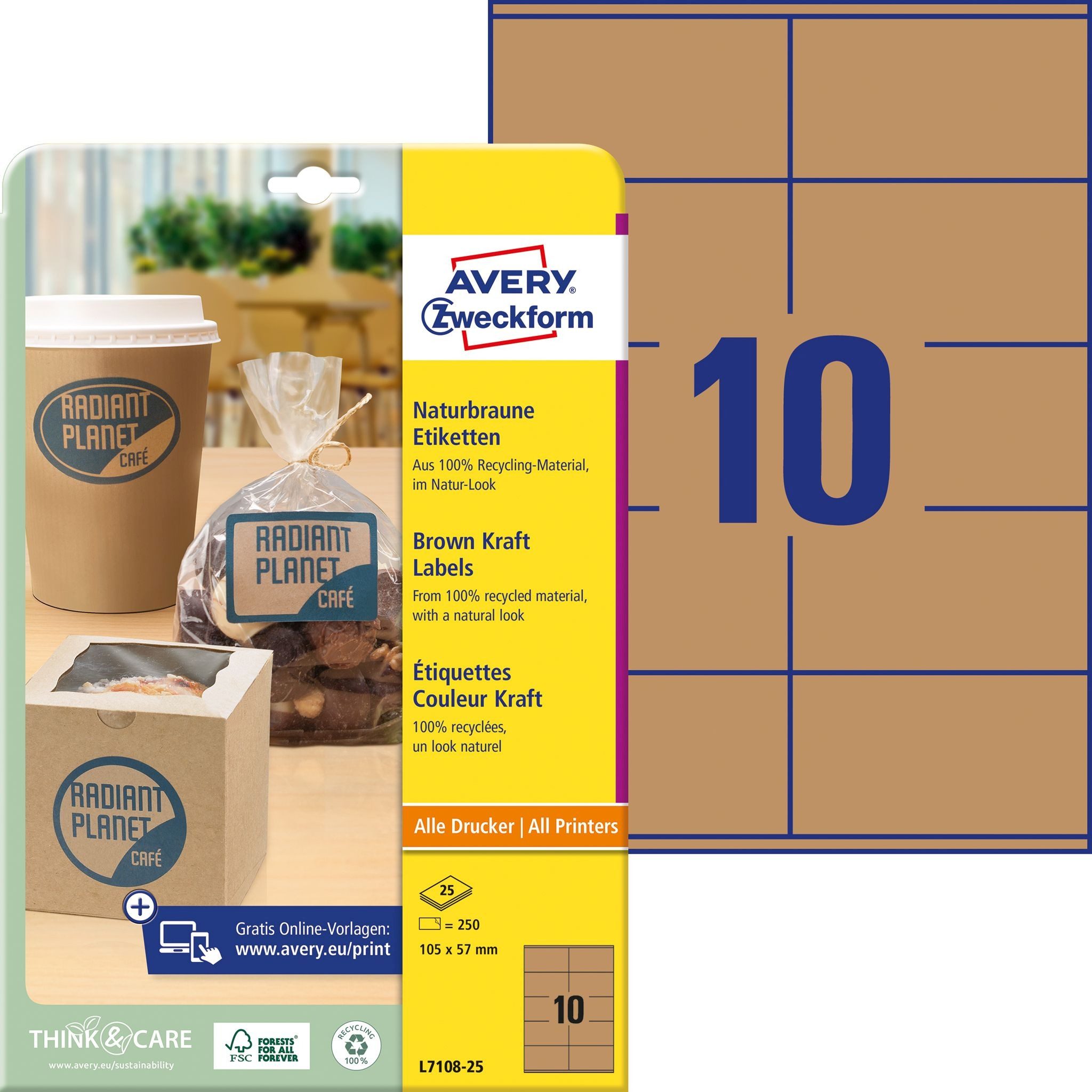 Avery Zweckform Etiketten Etiketten A4 105x57mm 25 Bogen/250 Etiketten naturbraun (30 Stück)