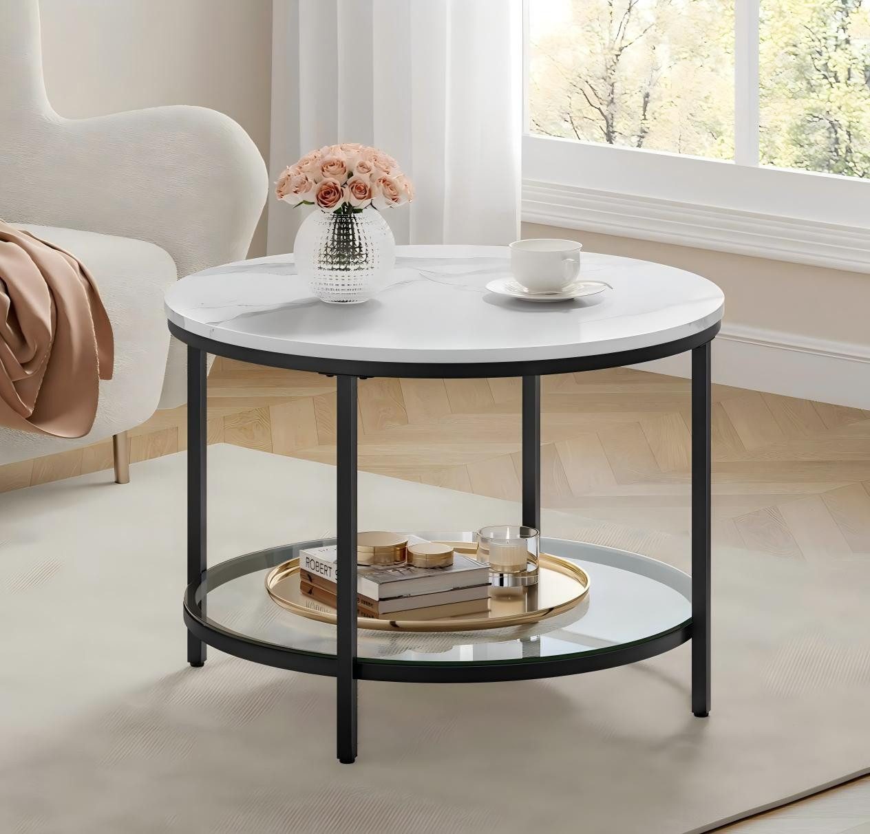 VASAGLE Couchtisch, Beistelltisch, Ø 65/80 x 46cm, Marmoroptik, Hartglasablage unten