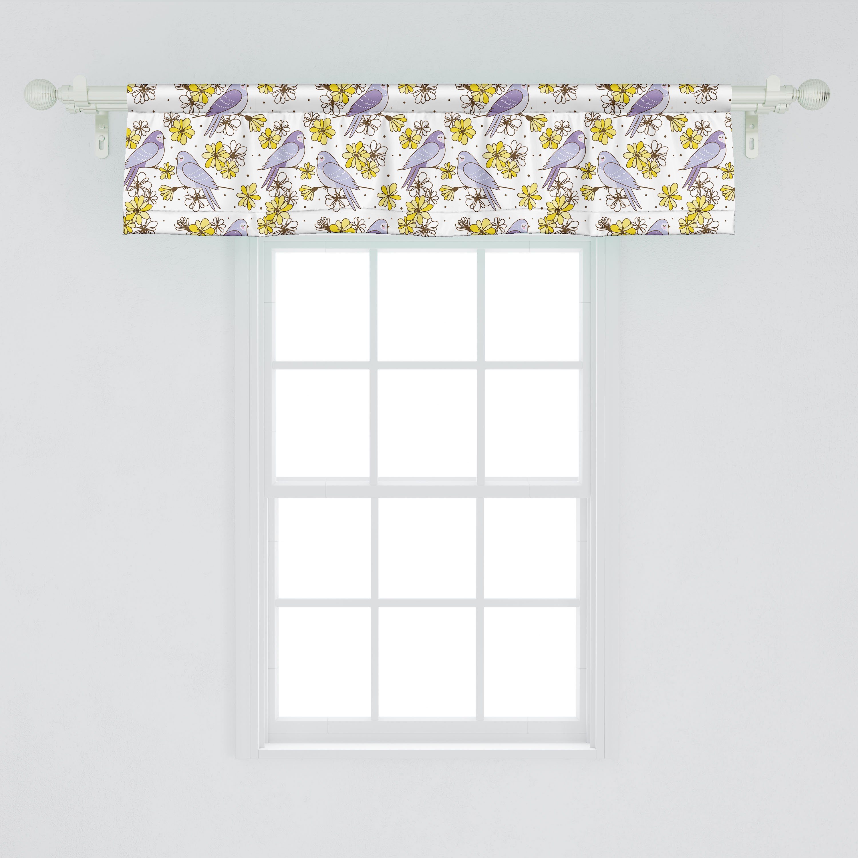 Scheibengardine Vorhang Volant für Swallow Abakuhaus, Küche Stangentasche, Dekor mit Microfaser, Gelbe Schlafzimmer Frühling Vögel Blumen