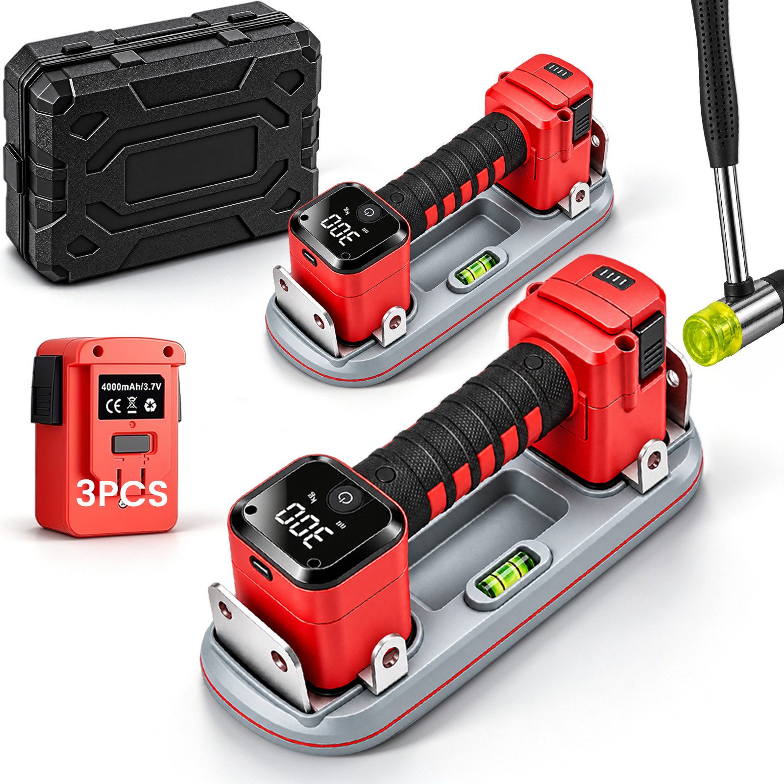 XERSEK Saugheber 2 Stück Akku Saugheber mit 3×4,0Ah Akku, LCD Anzeige, 300KG Tragkraft, 2-tlg.], 26x10 cm Elektrischer Saugnapf Vakuumheber Glassauger, Plattenheber für Glas Fliesen Holz Betonwände
