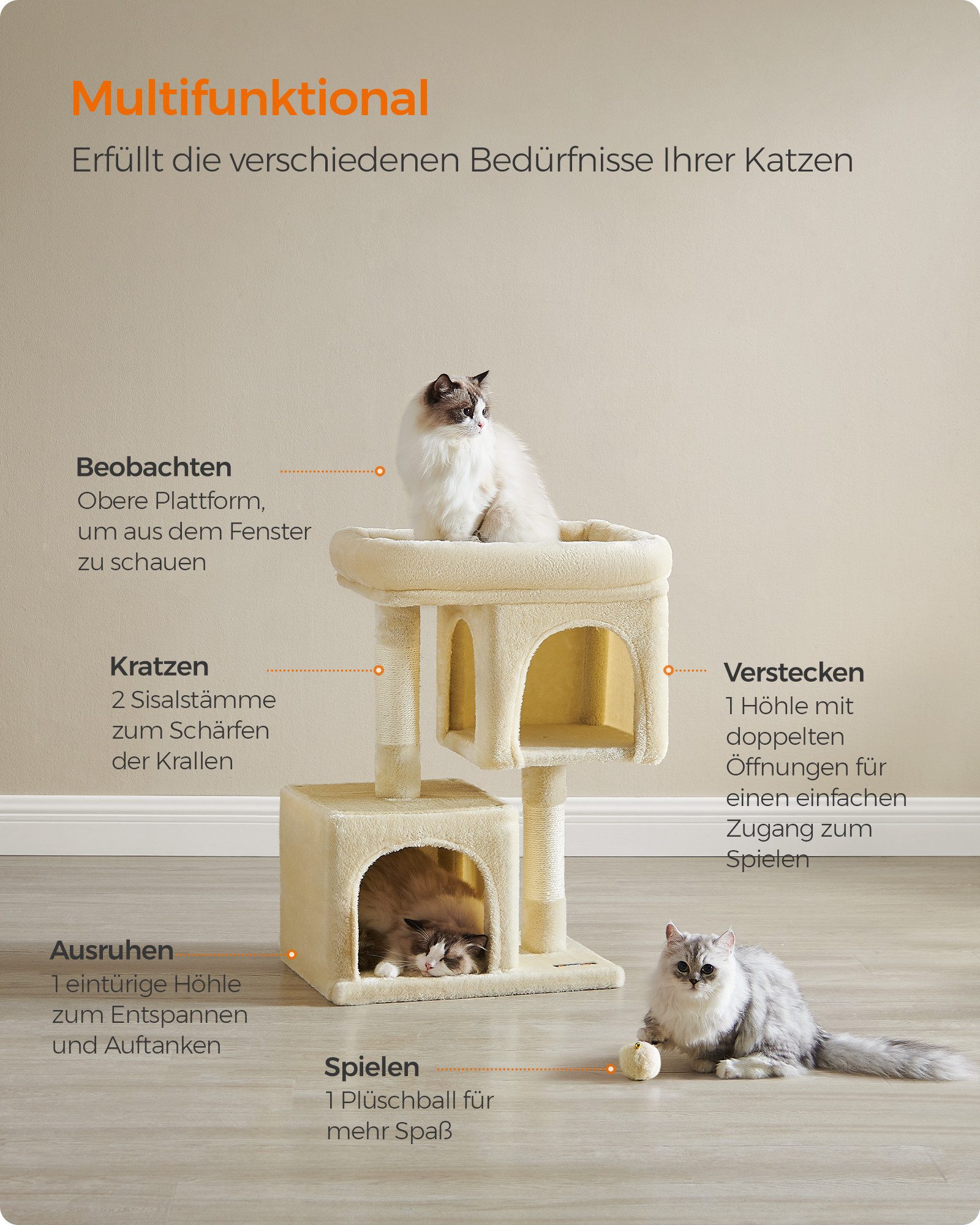 FEANDREA Kratzbaum kompakt, mit großer Plattform, 2 Katzenhöhlen und Sisalstämmen