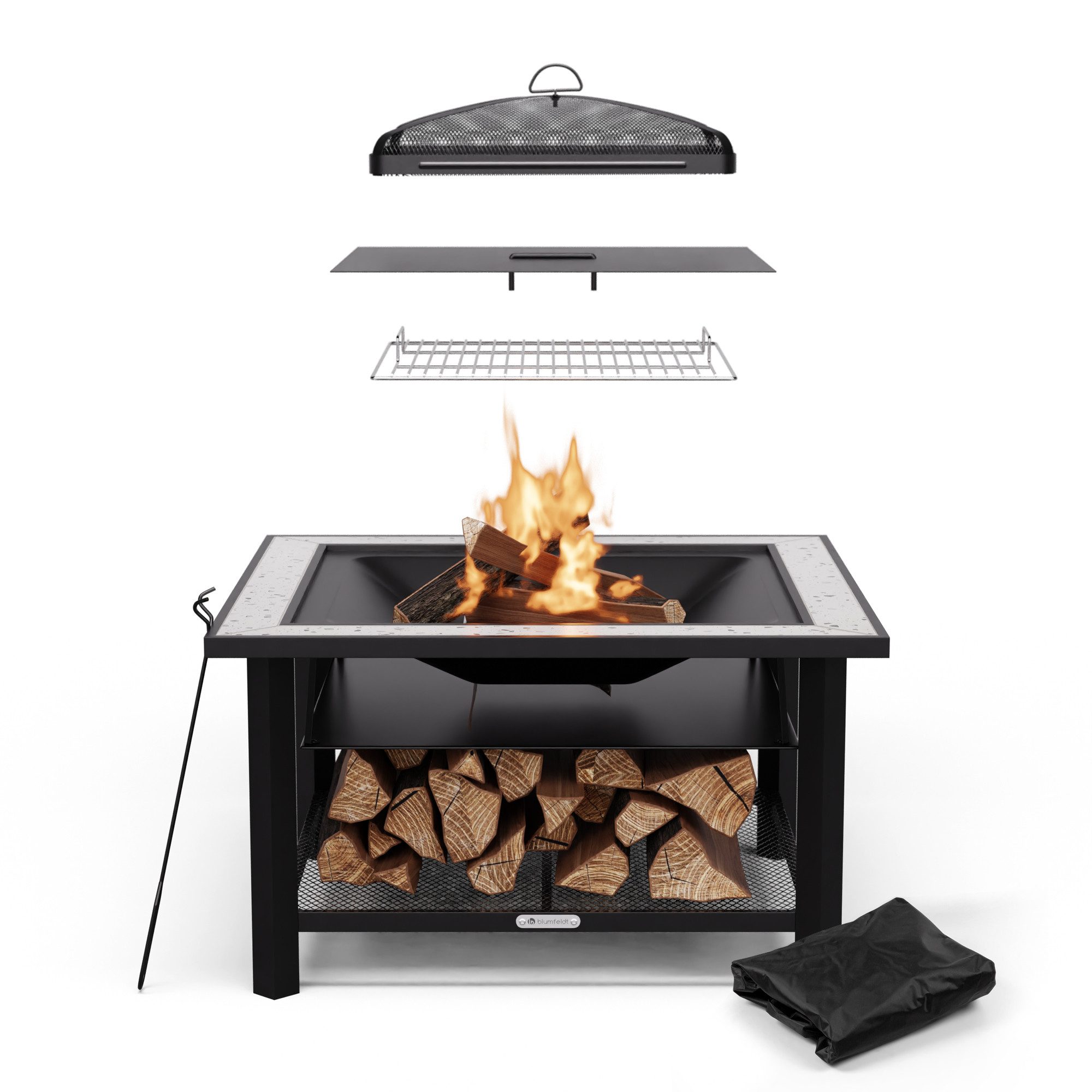 blumfeldt Feuerschale Merano Rectangular, (Set, Set), Garten Grill Tisch Funkenschutz Feuerkorb Feuerstelle Outdoor