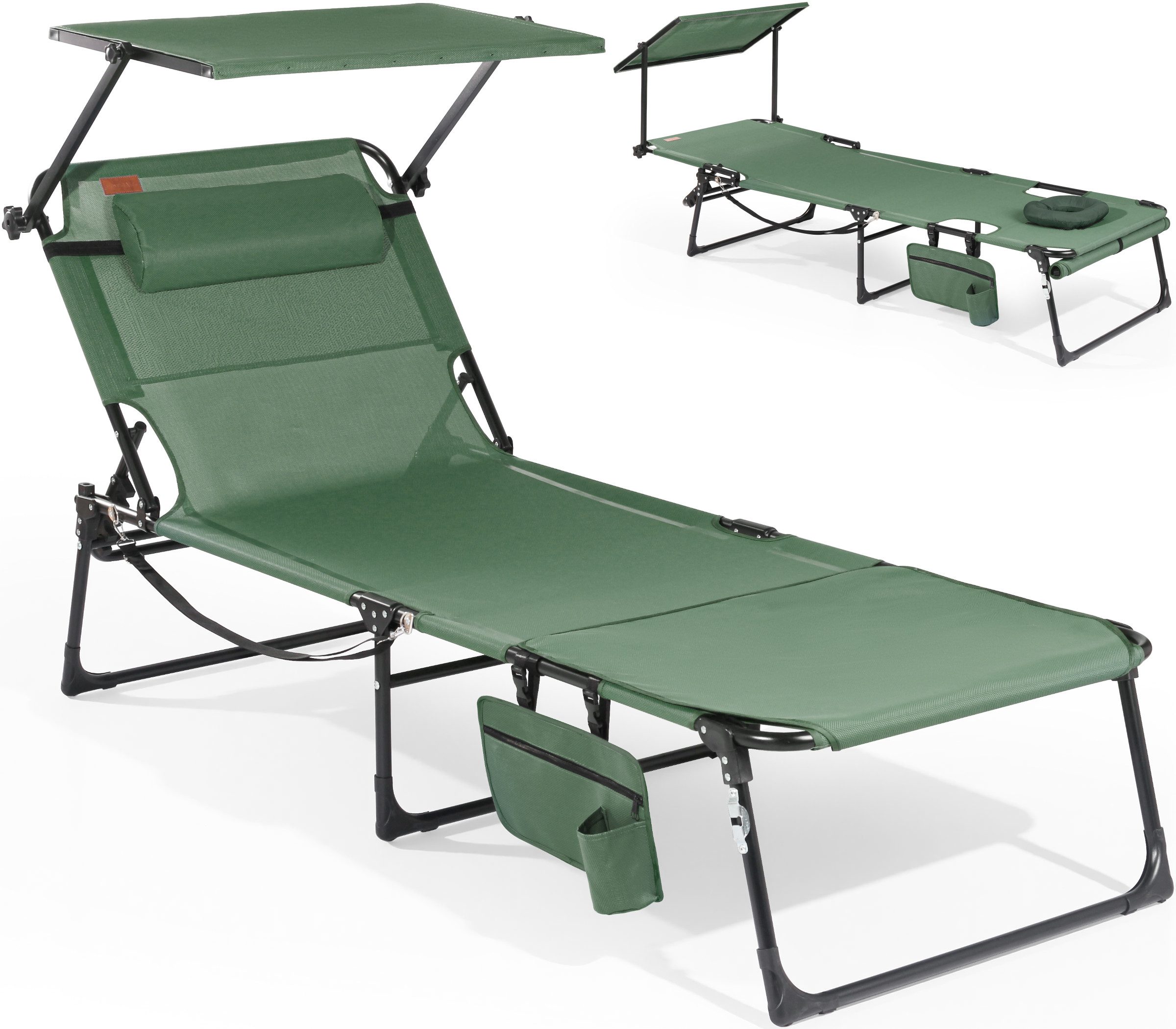 HOMECALL Klappstuhl 2-in-1 Sonnenliege mit Sonnendach klappbar, Strandliege (mit Gesichtsausschnitt, Getränkehalter & Flaschenöffner, 1 St), Campingliege faltbar bis 180 kg, Gartenliege für Strand, Pool, Camping