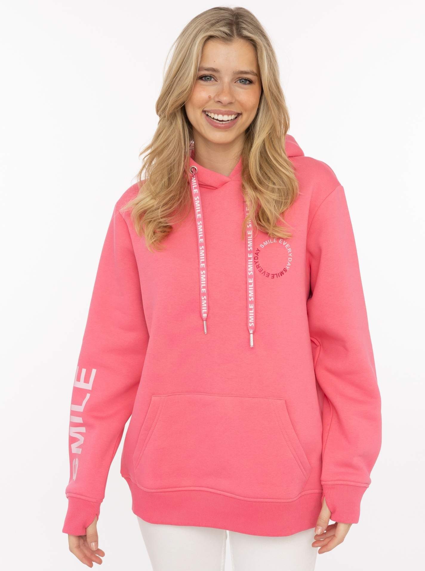 Zwillingsherz Hoodie "SMILE & LAUGH" Print am Arm und Brust, Kapuze mit bedruckter Kordel, Kängurutasche