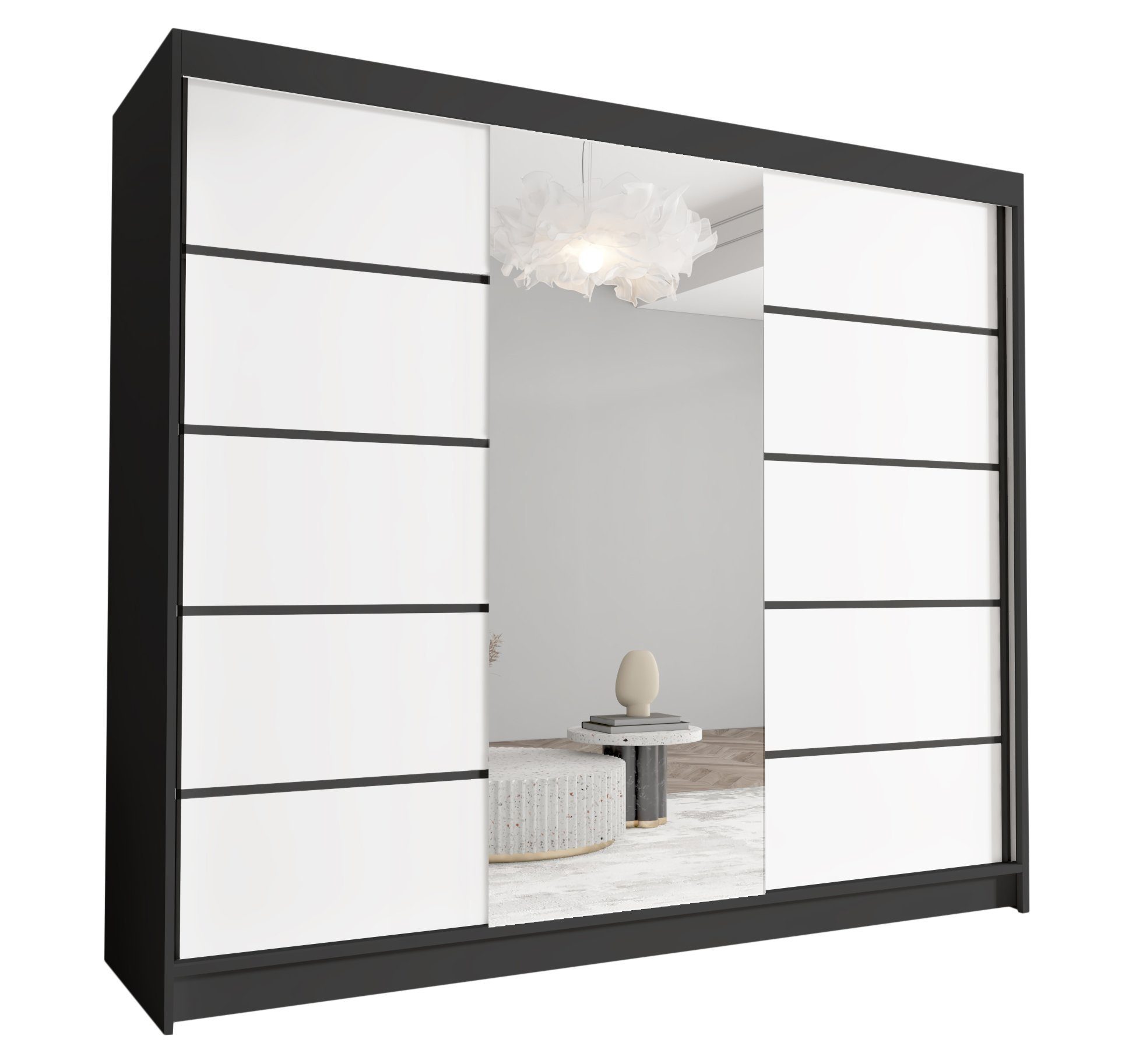 Sofnet Kleiderschrank Davos VI (mit Spiegel, Schiebetüren und Kleiderstange) Schwebetürenschrank mit 3 Türen, Schiebetürenschrank - 250x215x58 cm