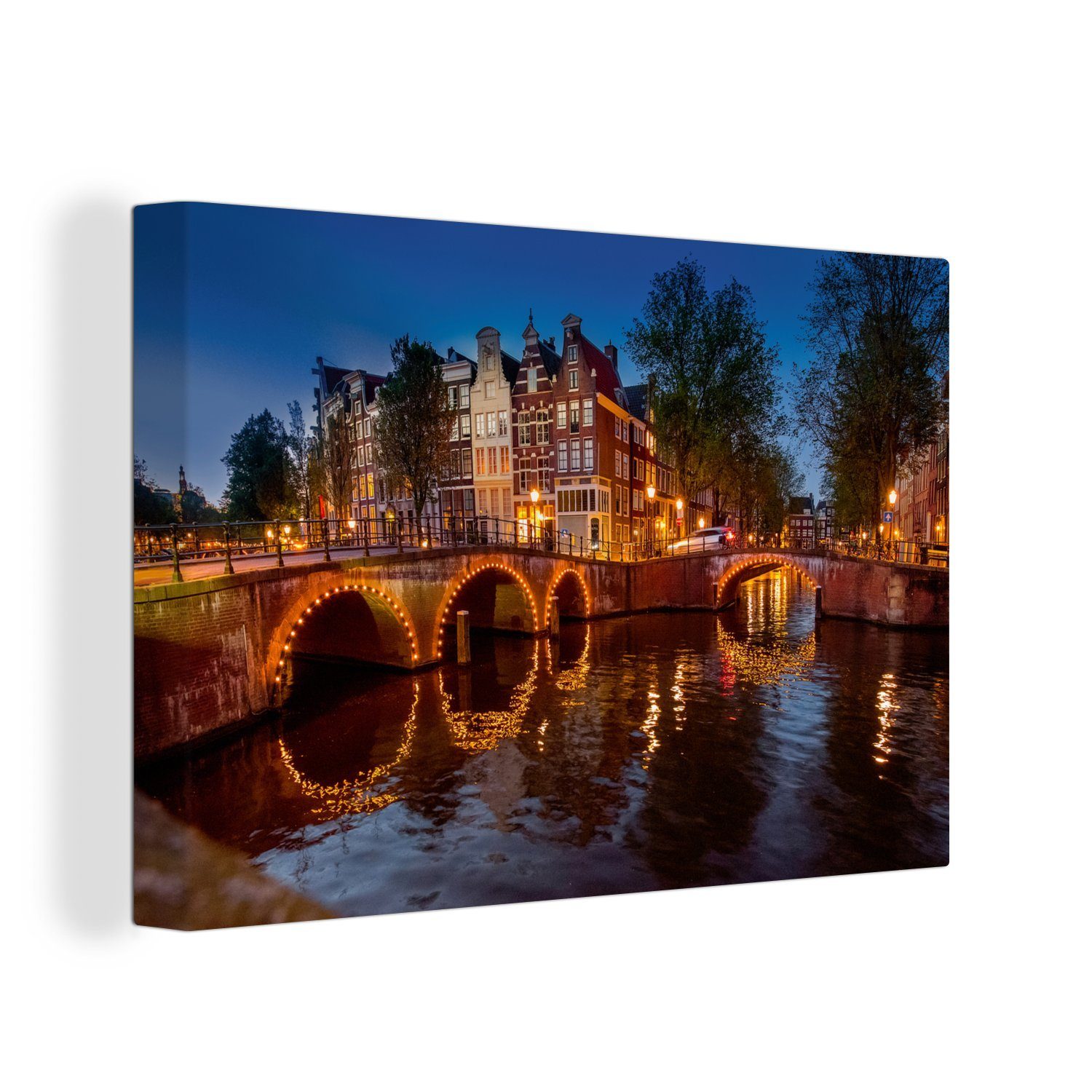 Wandbild 30x20 (1 Aufhängefertig, einer Amsterdams cm Keizersgracht Leinwandbilder, Brücke, mit St), beleuchteten Wanddeko, Leinwandbild OneMillionCanvasses®