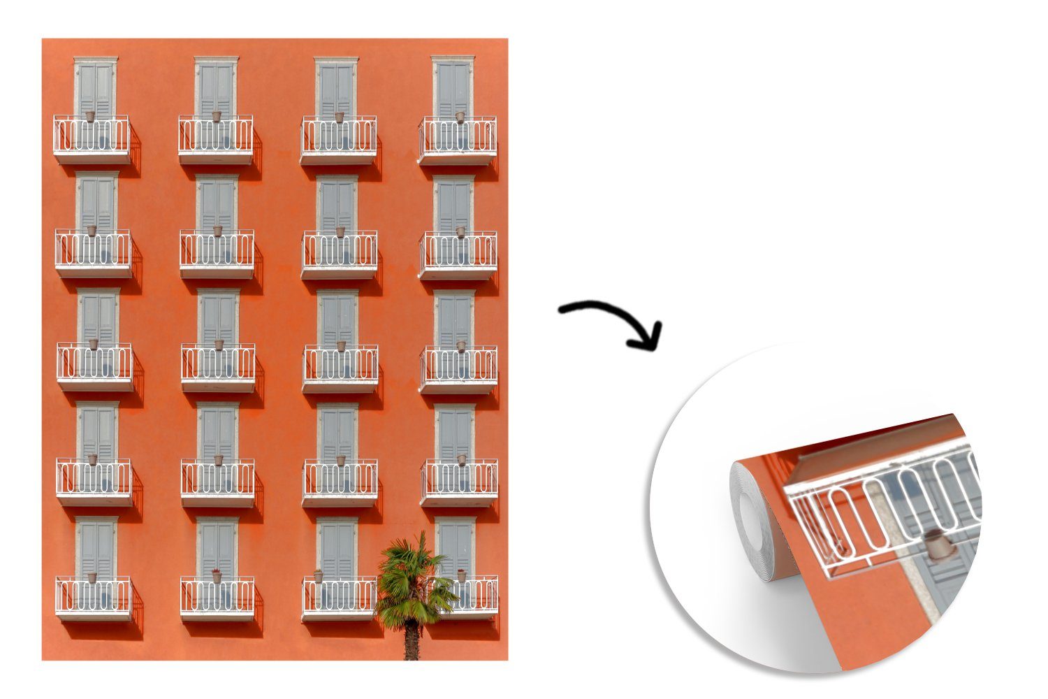 Balkon Tapete - Wohnzimmer, Tür Vinyl - Wandtapete Fototapete - bedruckt, Palme St), Montagefertig MuchoWow Matt, für - (4 Architektur Orange,
