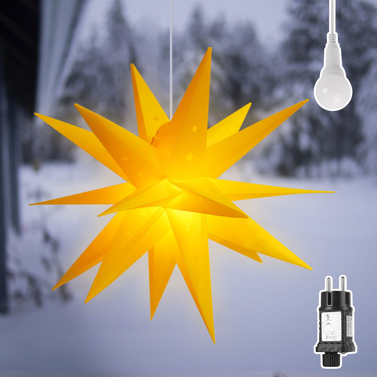 Salcar LED Dekolicht 60cm 3D Papierstern Beleuchtet LED Stern Weihnachtsdekoration Fenster, Weihnachtsstern Hängend mit 18 Spitzen, Gelb