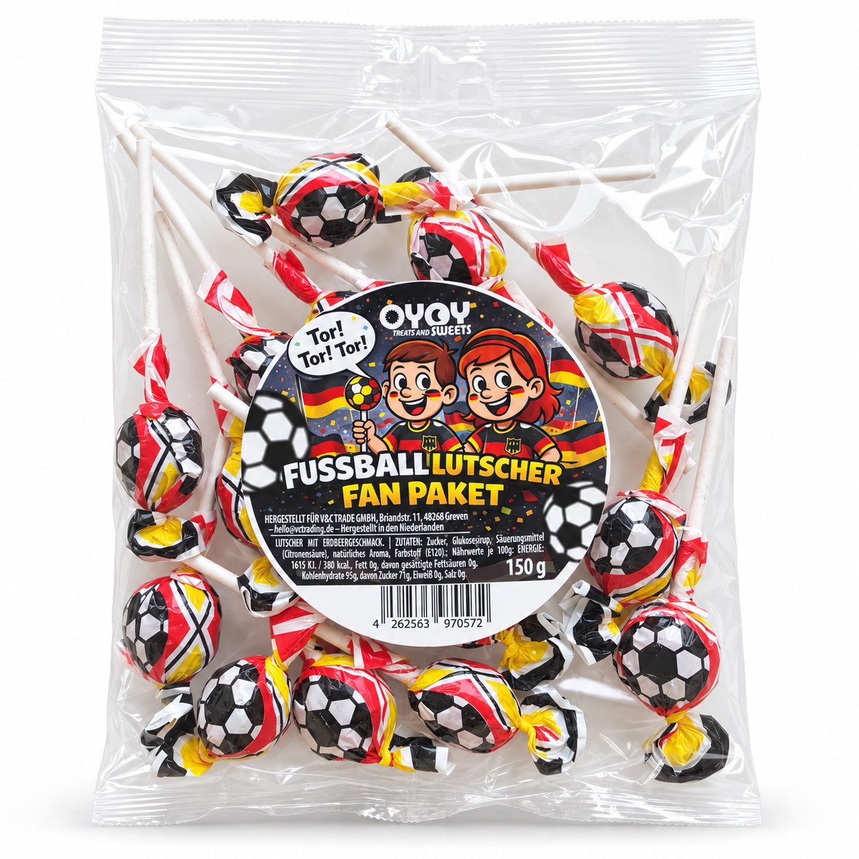 OYOY Süßigkeit OYOY Fußball-Lutscher mit Erdbeergeschmack – 15 Stück, 150 g, 1 x 150 g, 15 St. (1 Beutel mit 15 Lutschern), für Fußballfans