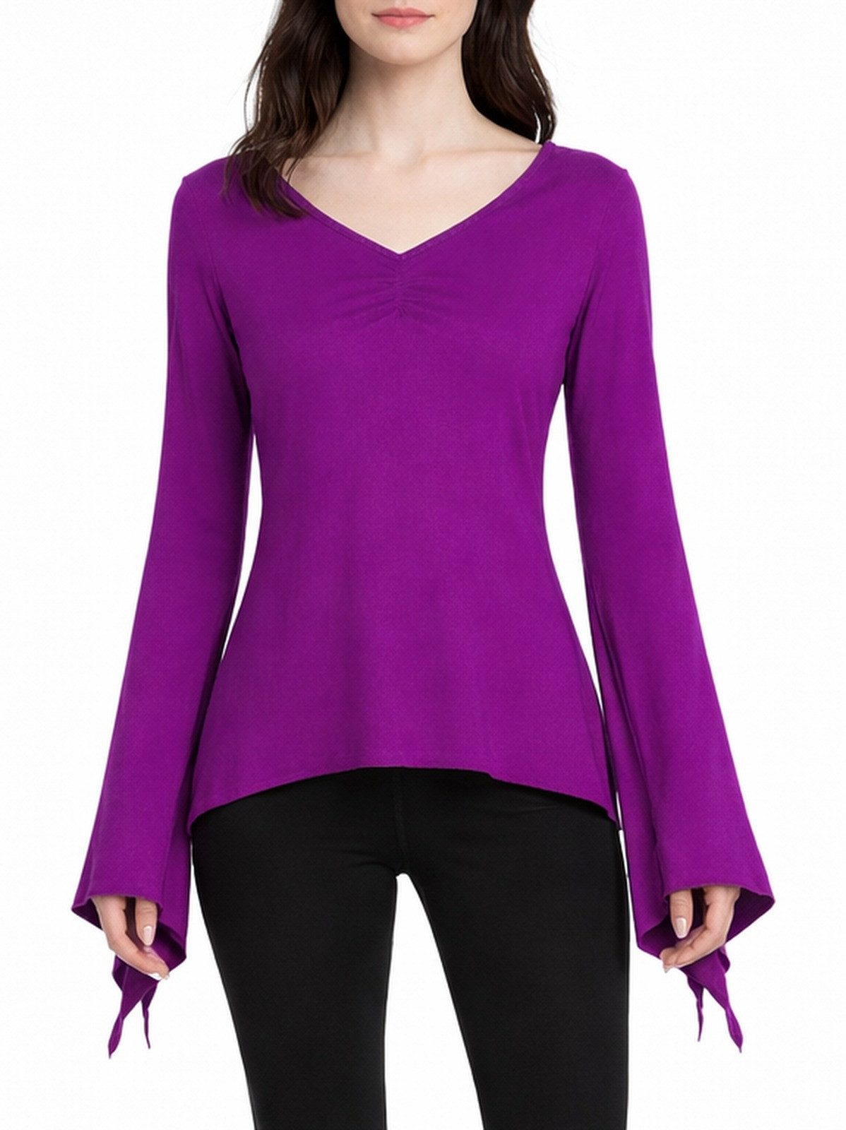 Vishes Zipfelshirt Damen Langarm Zipfelärmel V-Ausschnitt Jersey Alternative Mode, Boho, Hippie, Ethno, Festival