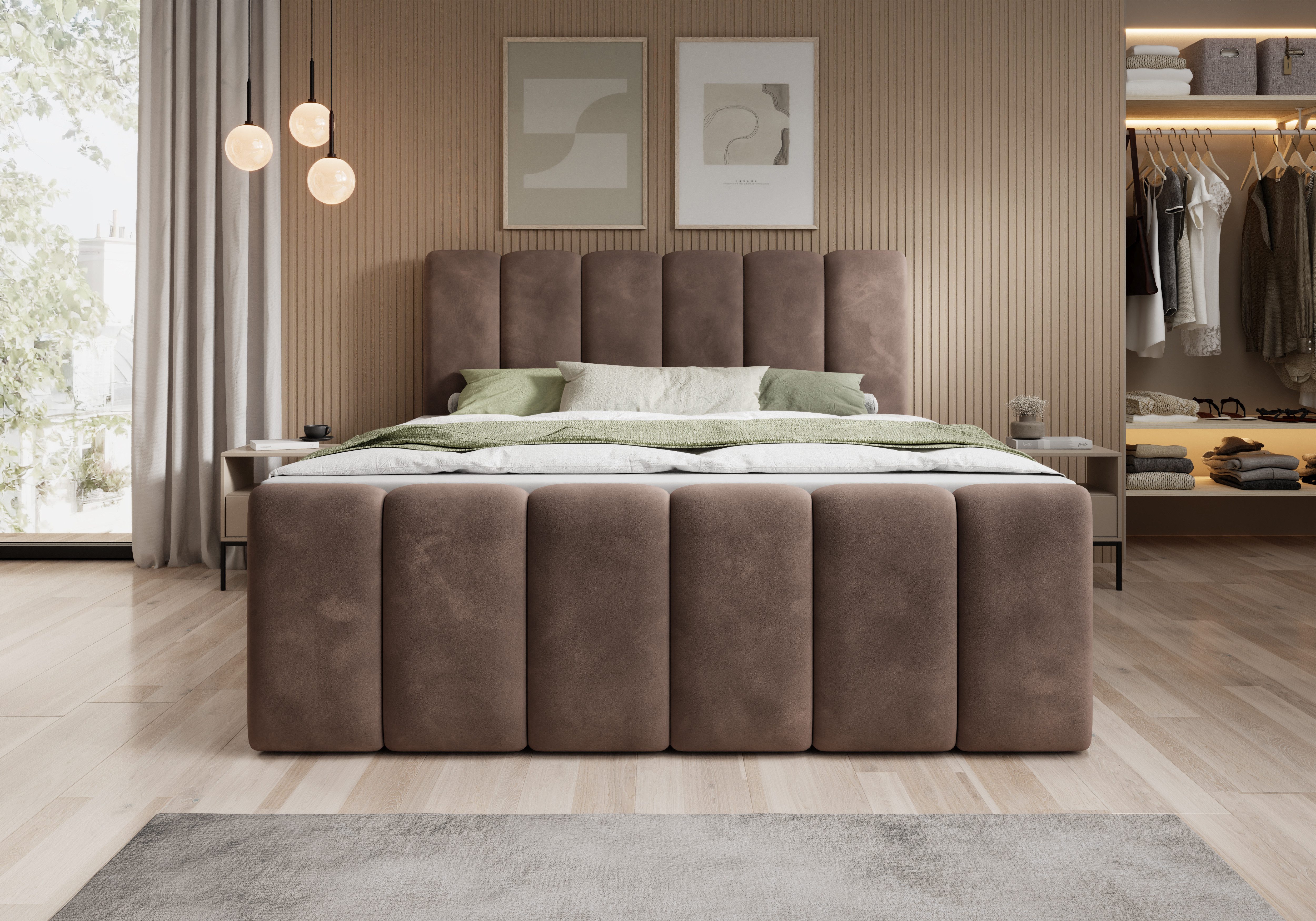 thematys Boxbett mit Bettkasten 140x200–200x200 cm – Velours oder Bouclé Bezug – (Polsterbett Bonnellfederkern Matratze H3 + Gratis 3cm Topper, Boxbett - Luxus Doppelbett mit Stauraum)