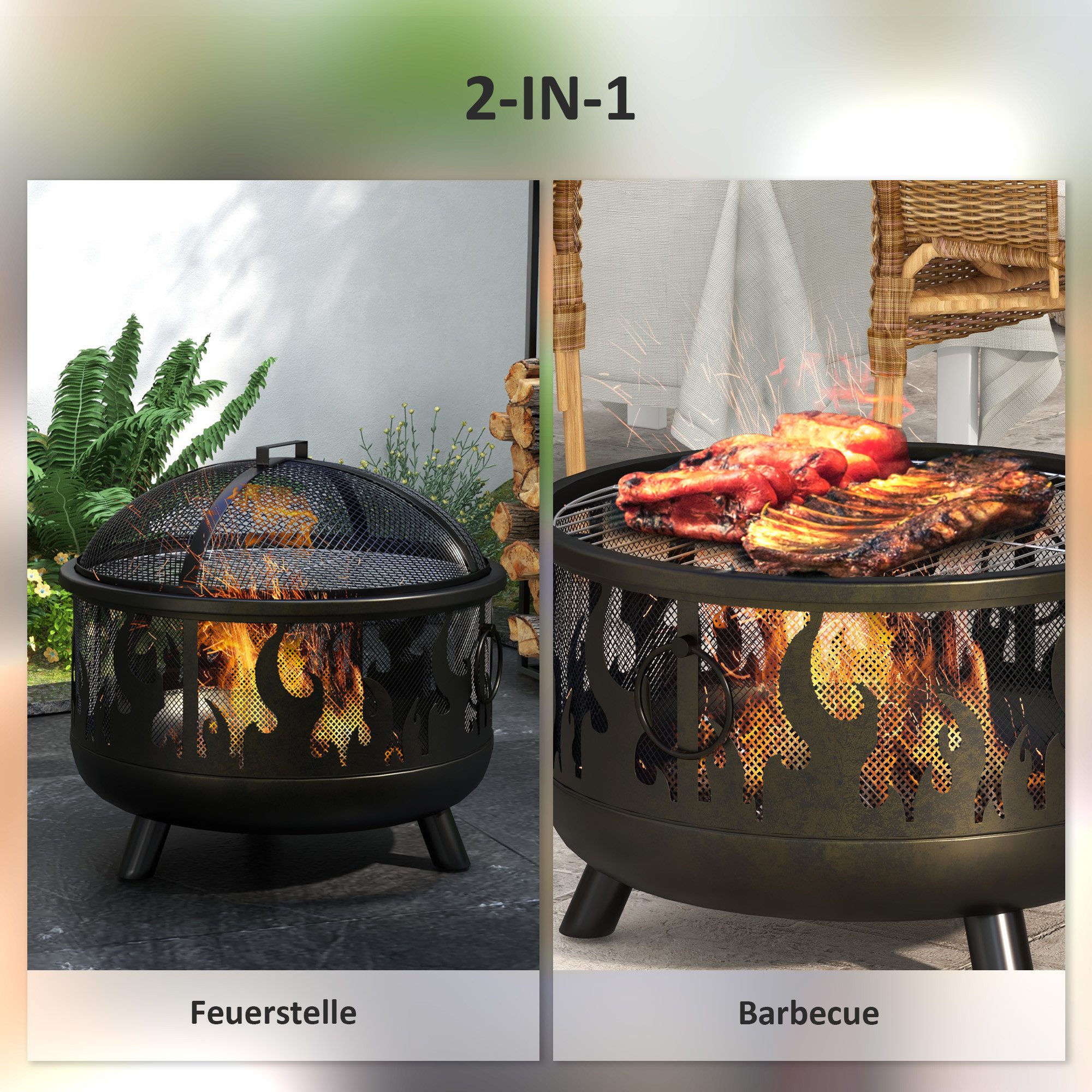 Outsunny Feuerschale Grillrost Feuerschalen für Balkon Terrasse Camping, (Feuerkorb, 1-St., Feuerstelle), für Garten BBQ Metall Schwarz Ø61 x 55 cm – Bild 4 von 5