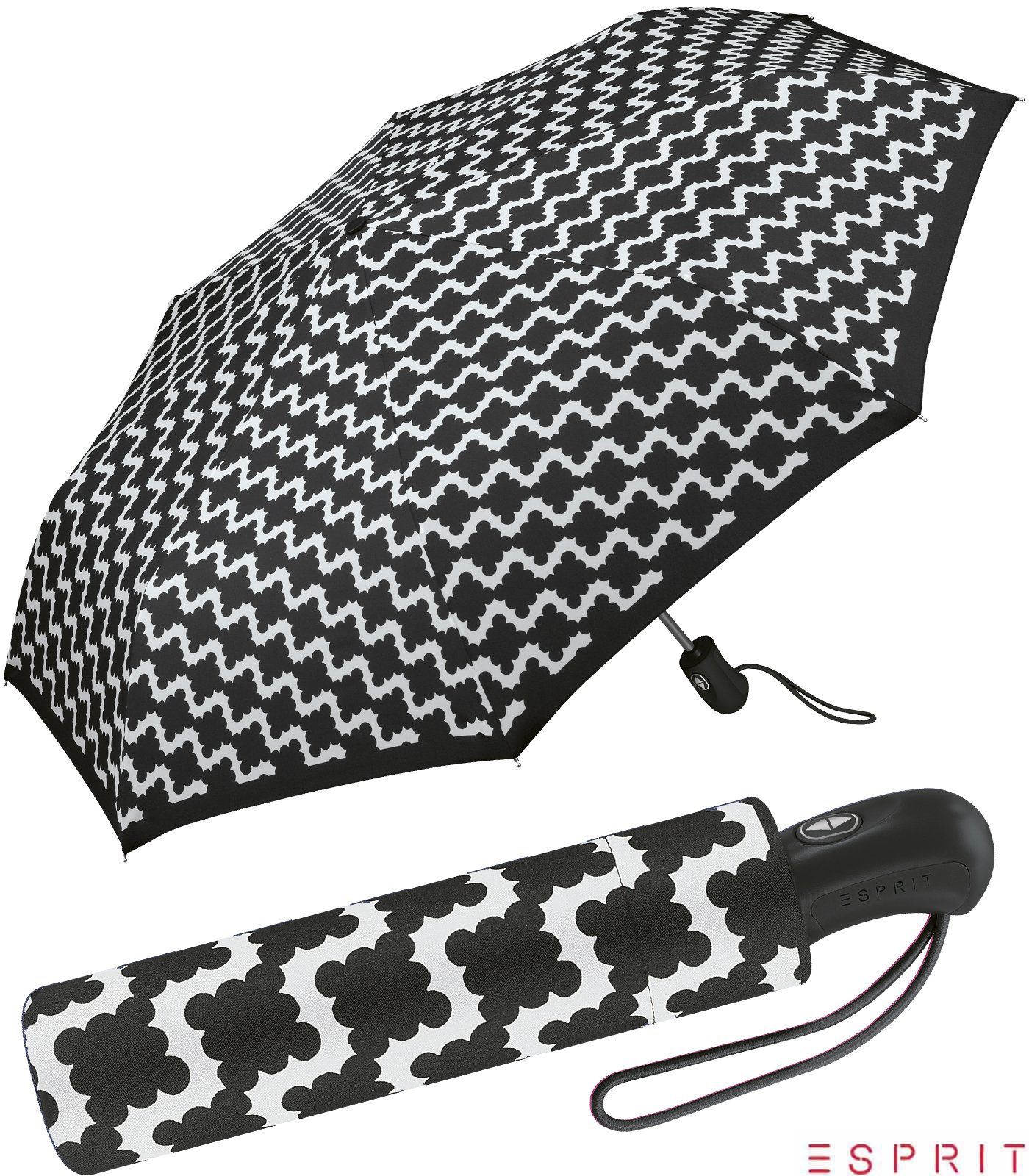 Esprit Taschenregenschirm schöner Schirm für Damen mit Auf-Zu Automatik, mit modernem, abstrakten Wellendesign - schwarz
