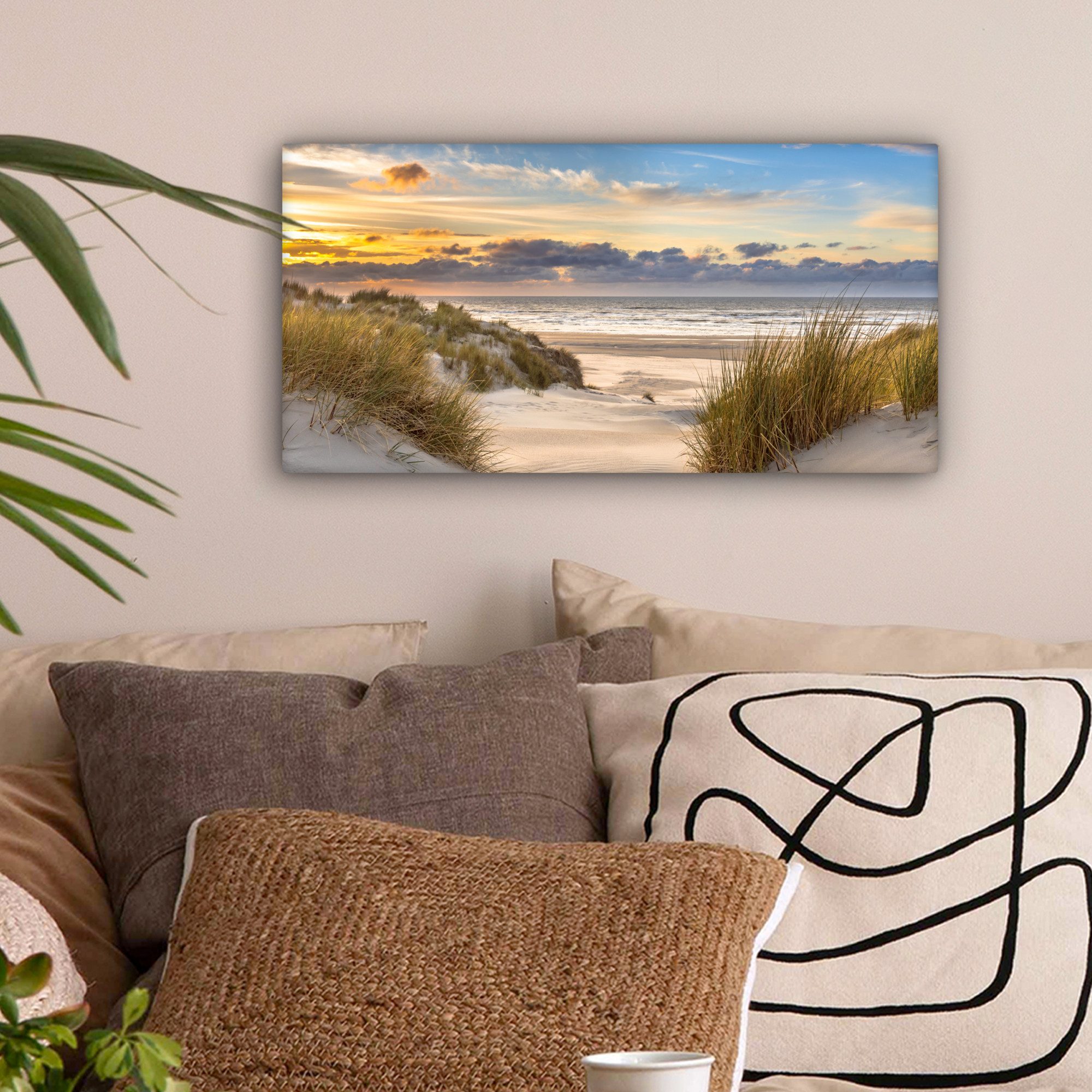 OneMillionCanvasses® Leinwandbild Panorama Strand - Düne - Gras - Sonnenunt günstig online kaufen