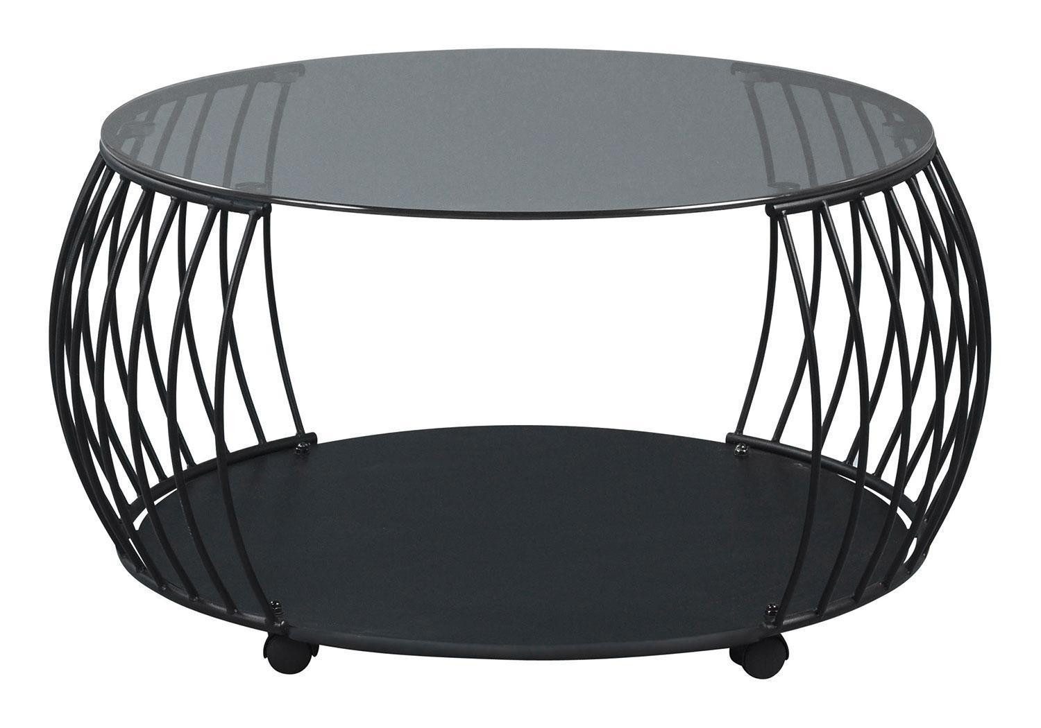 M2 Kollektion Couchtisch SHANGHAI, Ø 80 cm, Schwarz, Grauglas, Metall, mit Rollen, Ablagefläche aus MDF