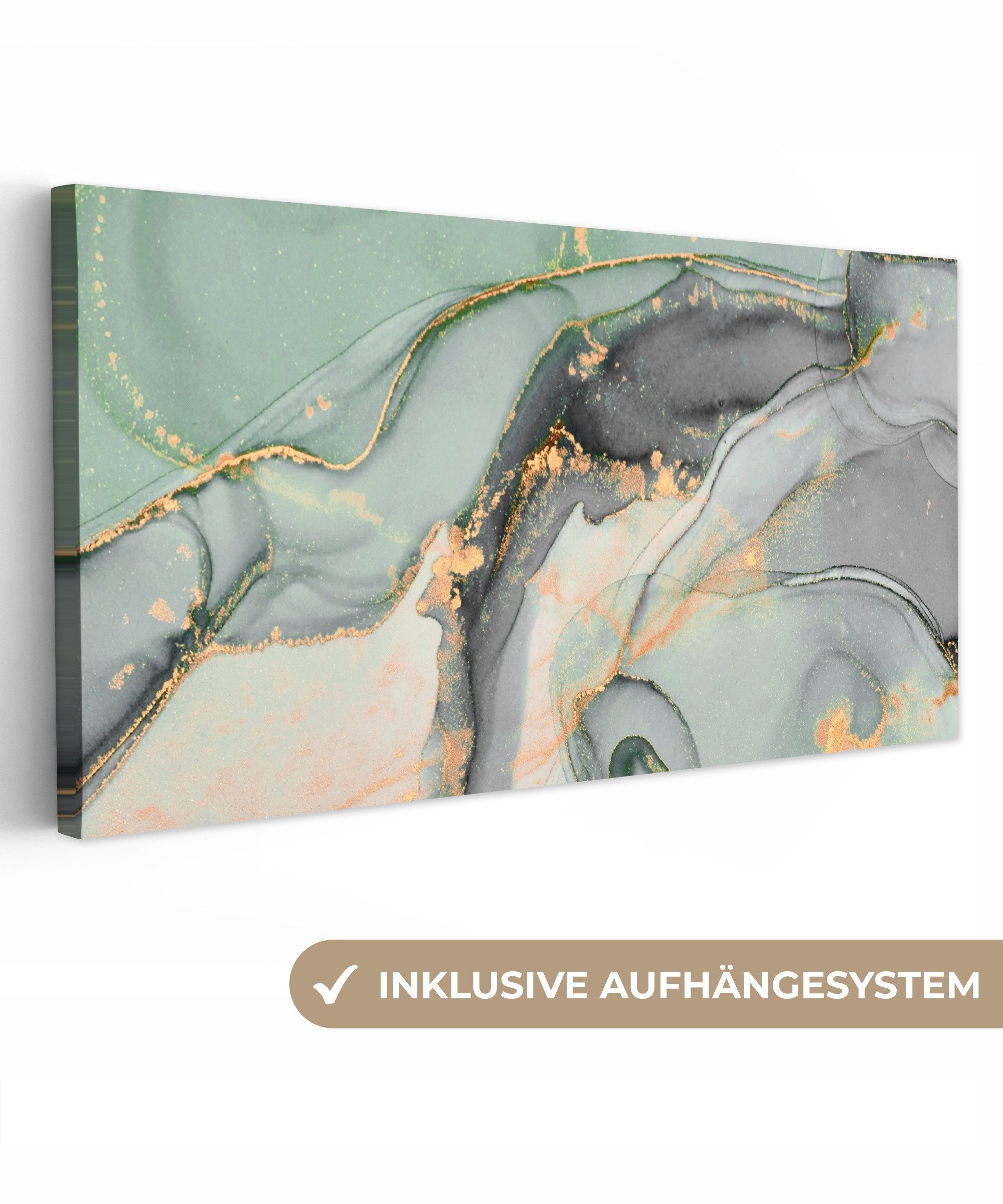 OneMillionCanvasses® Leinwandbild Panorama Gold - Marmor - Grün - Luxus - Glitzer - Marmoroptik, Fotodruck (1 St), Leinwand Bilder für Wohnzimmer Schlafzimmer 60x30 cm