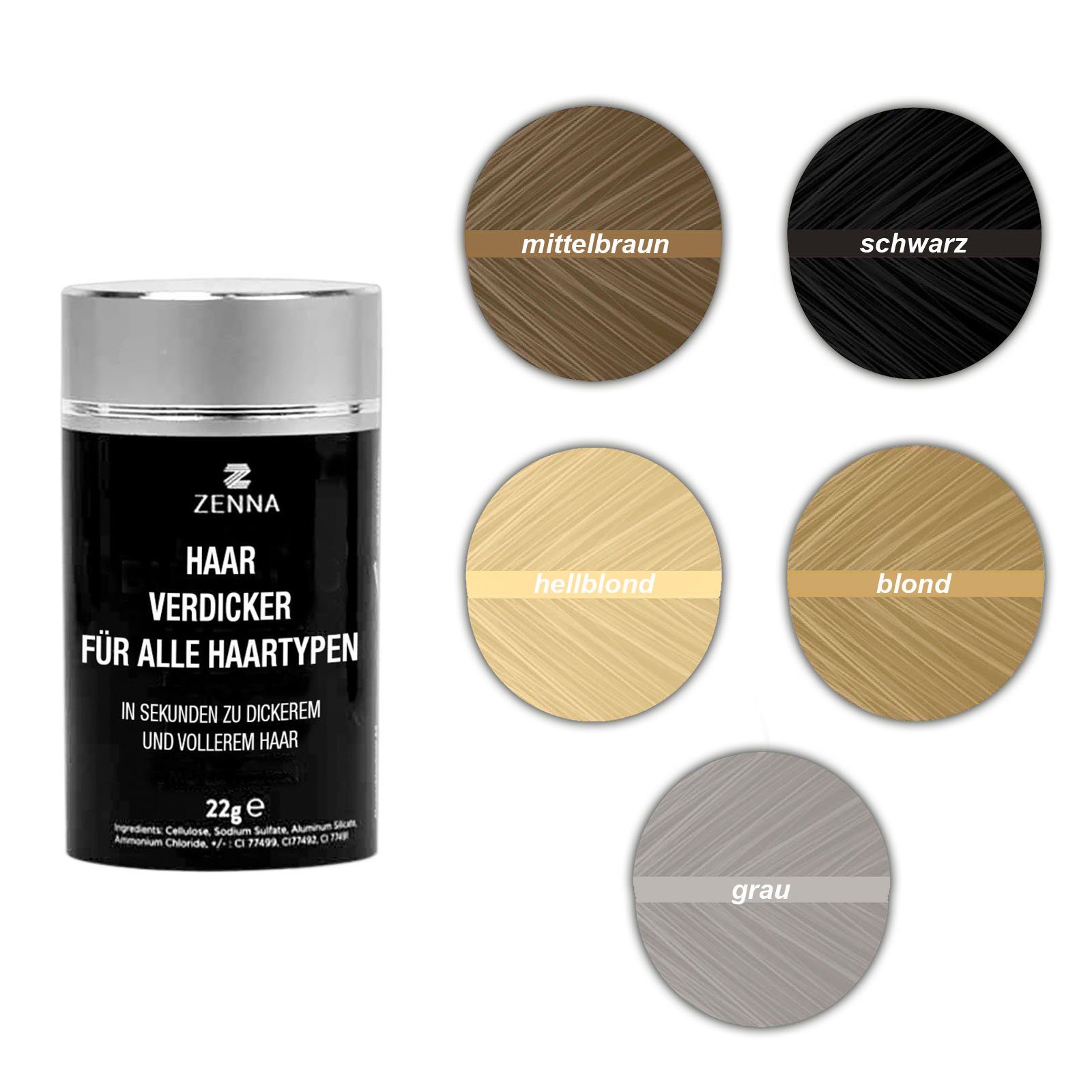 Haarpulver Zenna Schütthaar Mittelbraun Volumenpuder Premium 22g Haarauffüller, Haarverdichtung, zur Streuhaar