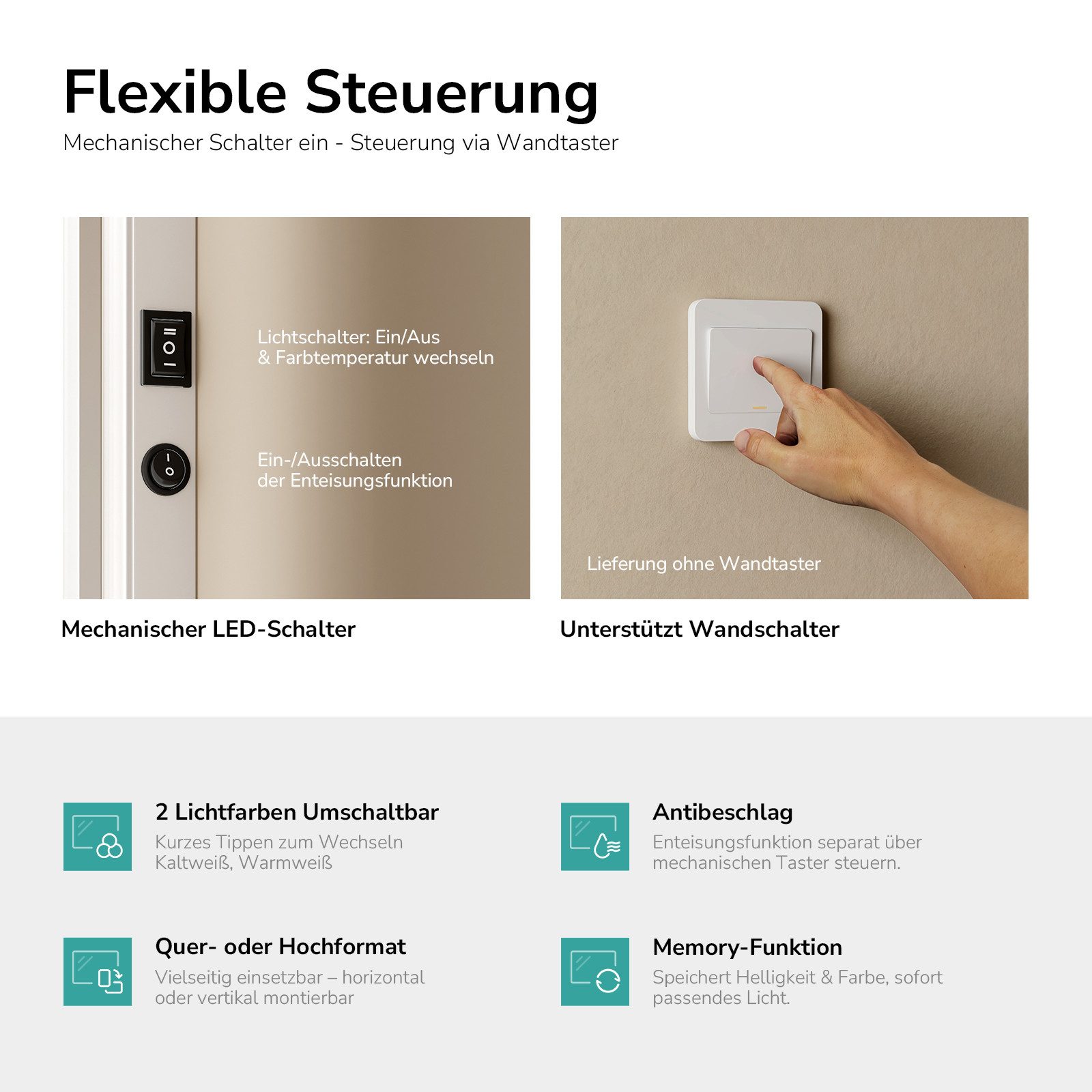 EMKE Badspiegel mit Beleuchtung und Beleuchtung,LED Spiegel mit 2 Lichtfarben dimmbar (Vertikal Horizontal möglich, Beschlagfrei, 2 Lichtfarben), Wandspiegel IP44
