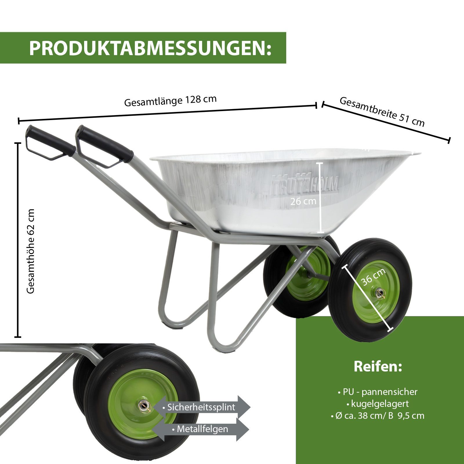 TRUTZHOLM Schubkarre 2-Rad verzinkt 150L Gartenkarre kippsicher PU Räder pannensicher
