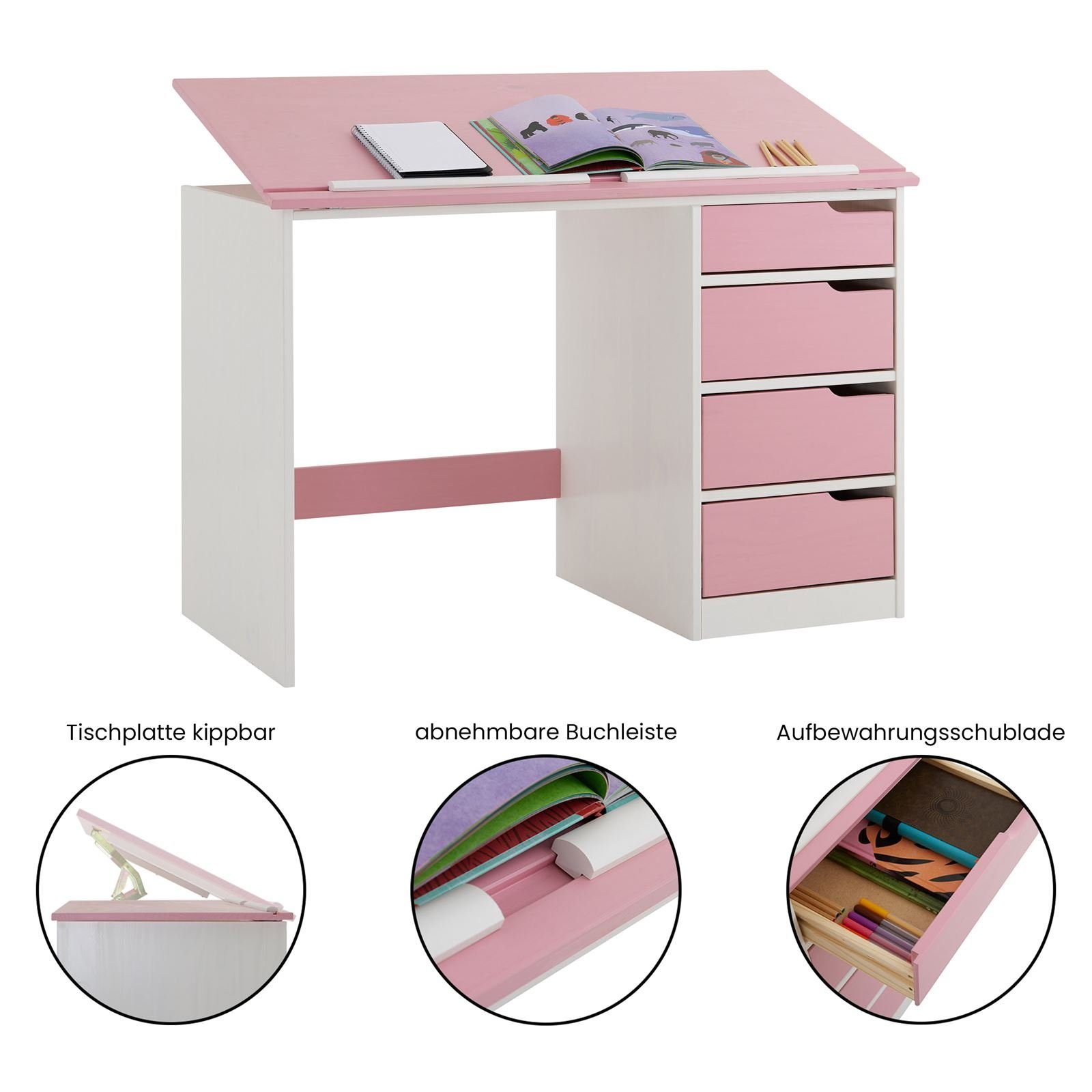 IDIMEX Kinderschreibtisch EMMA, Schreibtisch mit Schubladen, neigbare Tischplatte aus massivholz rosa
