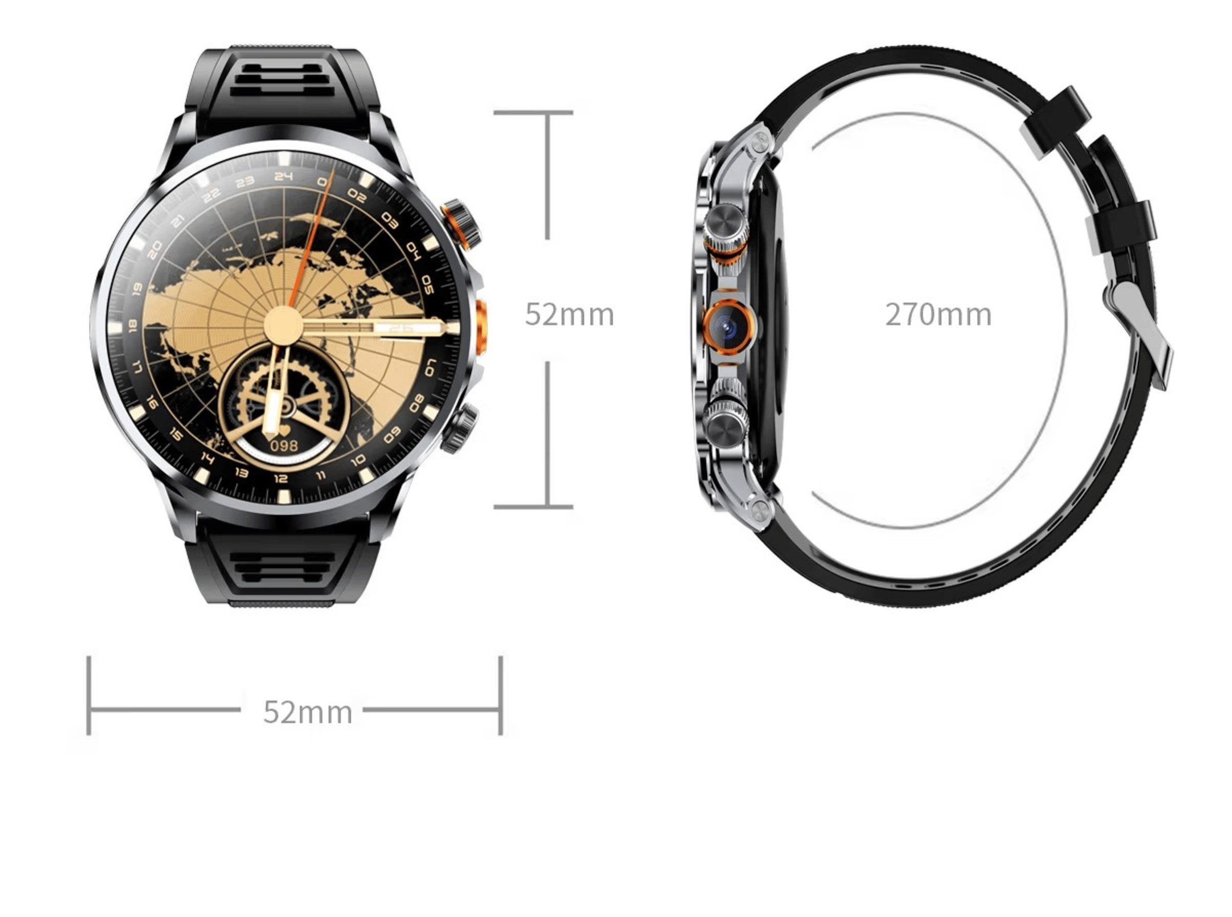 Nagham Ghazal Aswad Smartwatch 4G LTE GPS Android 9.0 1,95" HD Display 1100 mAh Akku WLAN Smartwatch (52mm cm), großem 1,95" HD IPS Display, Android 9.0 System, GPS, Bluetooth