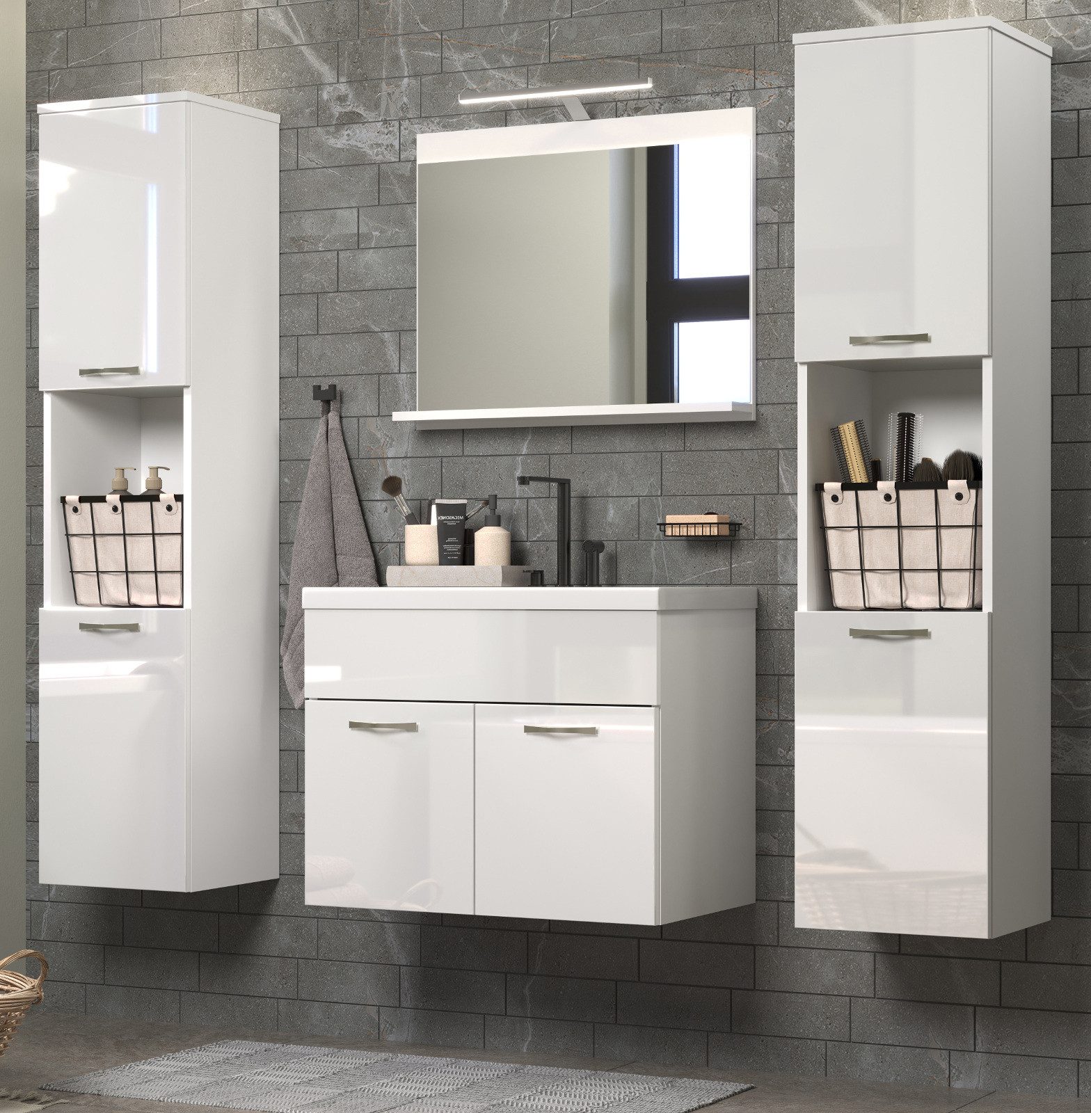 Inn.Furn Badmöbel-Set Basin, (Komplett-Set 5-teilig, weiß Hochglanz Lack), inklusive Waschbecken